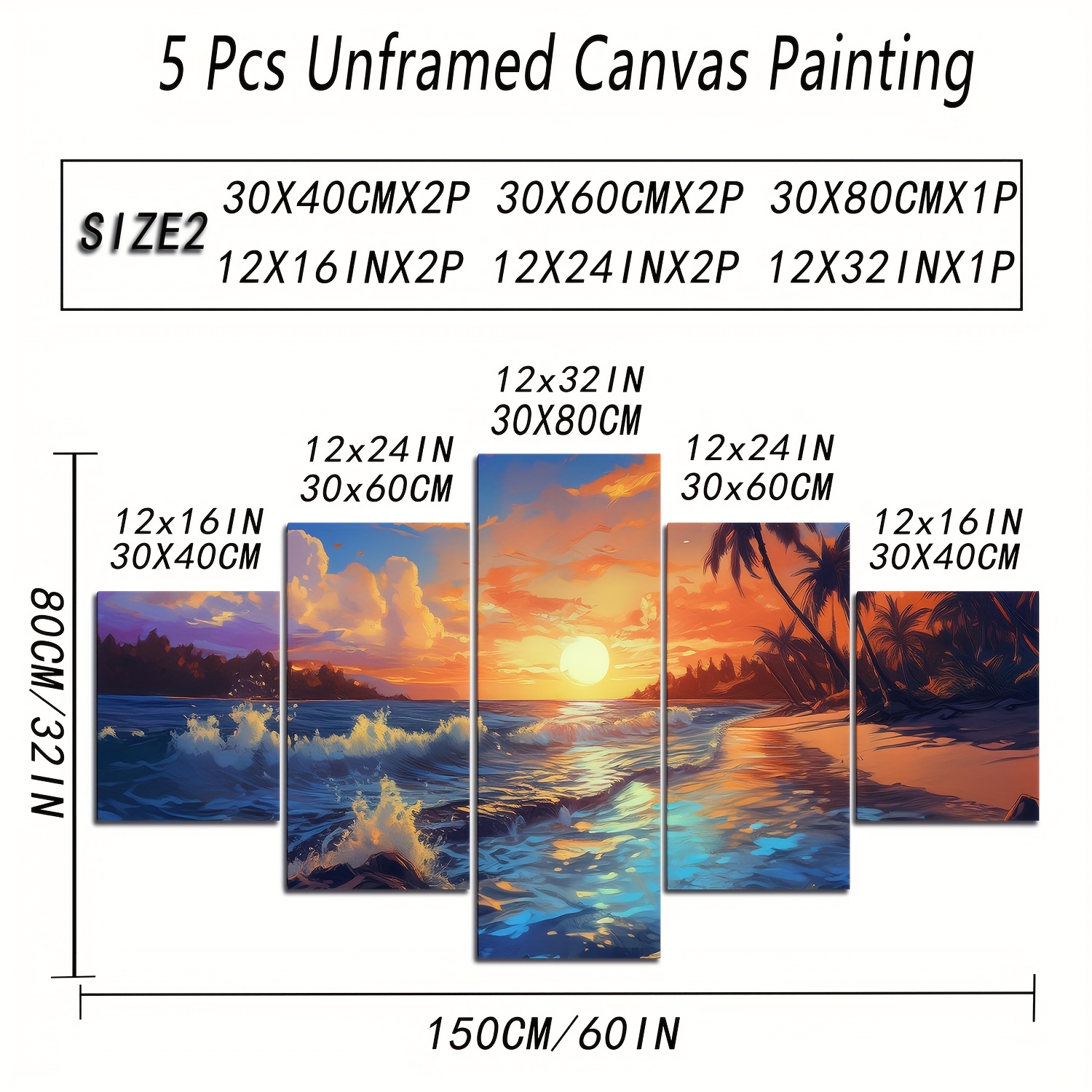TEMU A Set Of 5 Wall Art Pieces Featuring Beach-themed Decorations, High-definition Sunset Palm Tree , Canvas Wall Art Suitable For Home Decor In