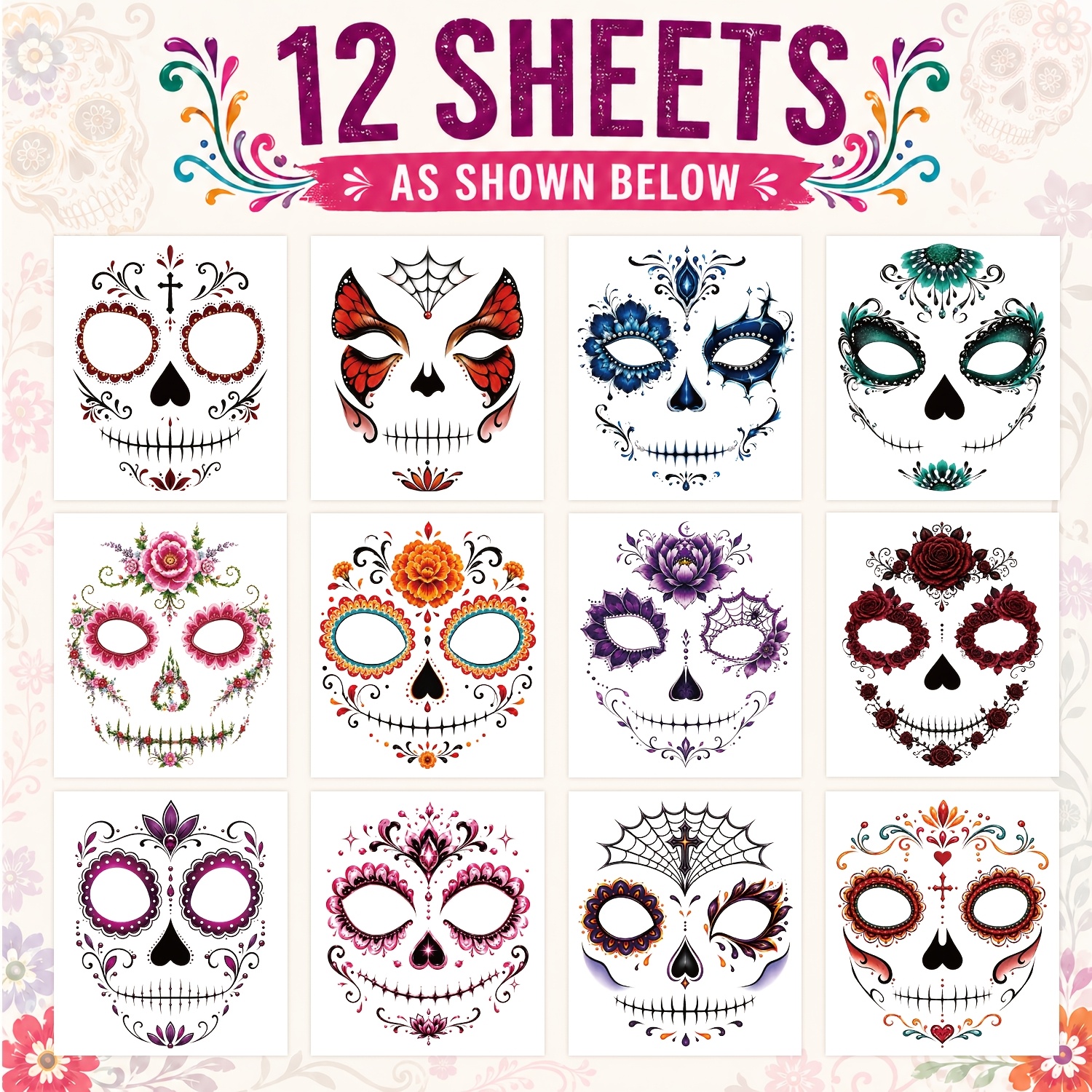 Image of 12-pack Face Tattoos, Sugar Makeup Kit, Halloween Mask Temporary Tattoo Stickers, Skeleton Paint Decorations, Additions, Favors & Costumes