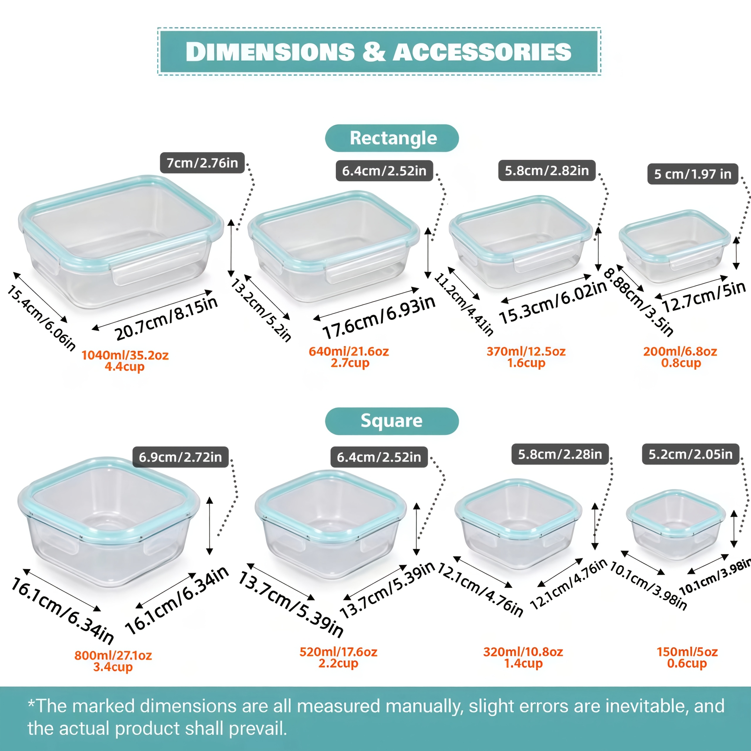 16pcs glass food container set lunch boxes portable storage for microwave and dishwasher locking lid rectangular borosilicate glass for refrigerator and kitchen dining containers 8 lids details 8
