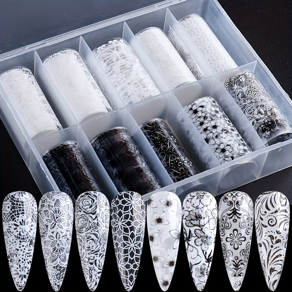 10 Rolls Lace Nail Foil Black & White Nail Art Foil Transfer Stickers Designer Nail Foil Nail Art Foil Designs Nail Decals For Women's Acrylic Nail Art Decoration