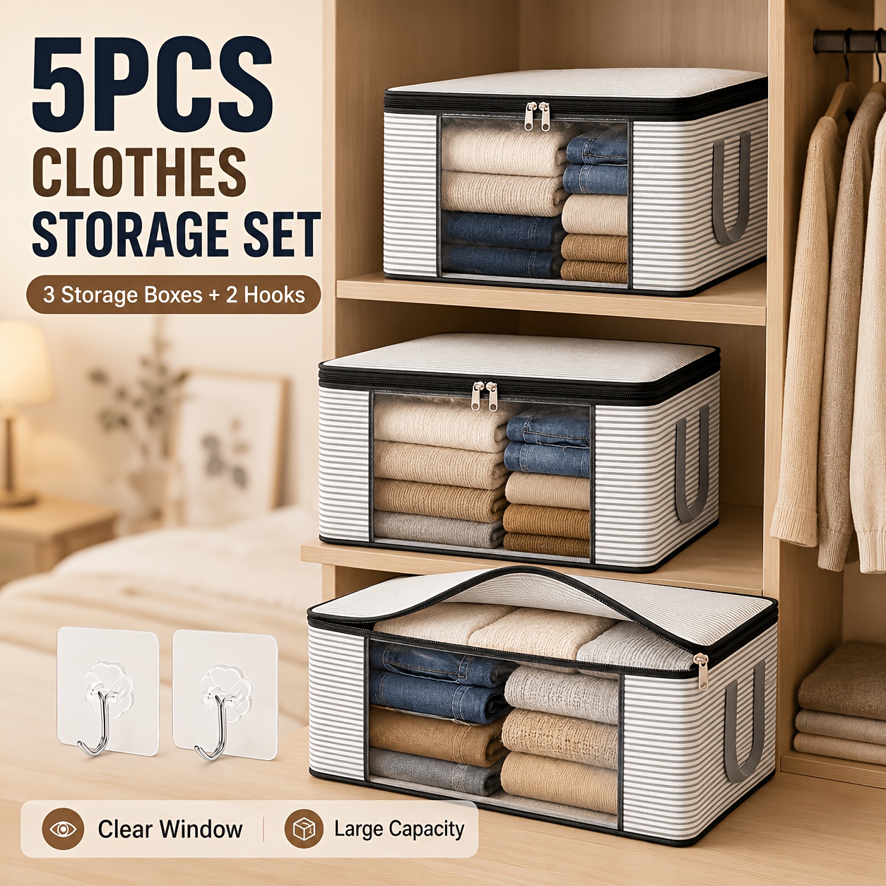 TEMU 5pcs - (3pcs Storage Boxes And 2pcs Hooks) Oversized Gray Striped Foldable Organizer With Window Opening, Durable Folding Clothes Organizer With