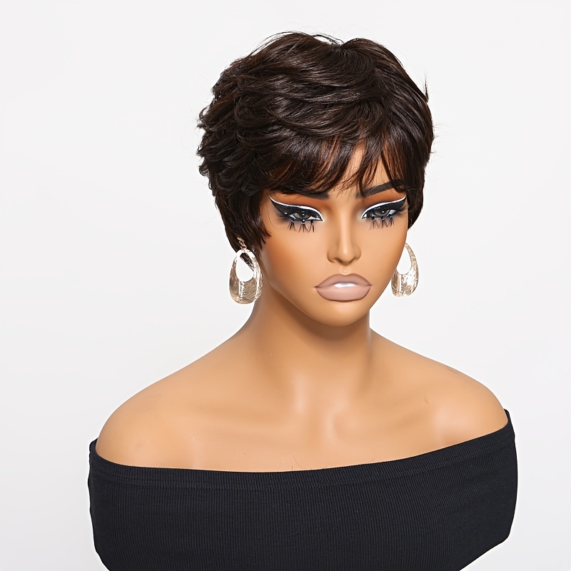 TEMU Klaiyi #2 Brown Color Short Pixie Cut Bob Wig 100% Human Hair Wigs With Bangs Full Machine Made Layered Wavy Wigs For Women