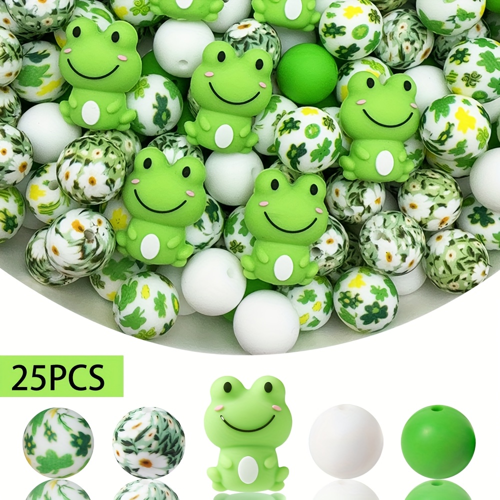 E-shop 25 Stück 3D Niedliche Silikonperlen Set - Lebendiges Grün und Weiß, Lächelndes Design, Geeignet für Schmuckherstellung, Armbänder, Perlenstifte