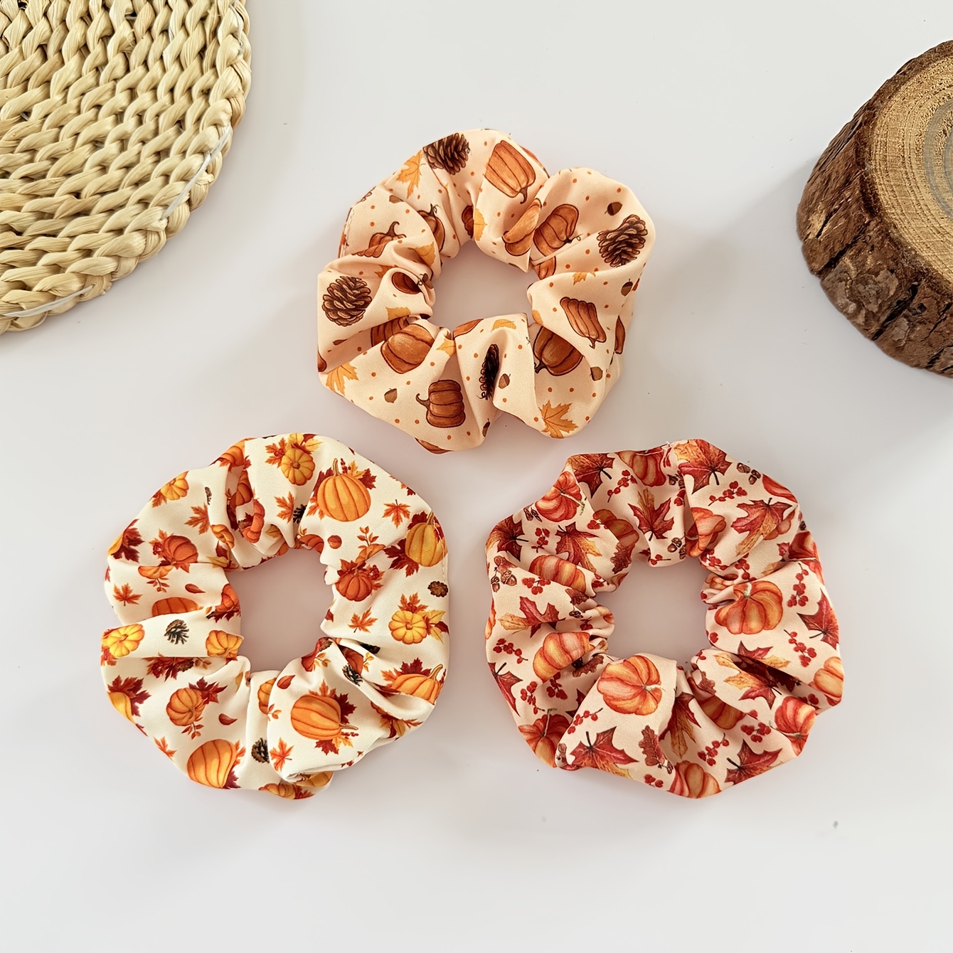 TEMU 3pcs Festival Thanksgiving Hair Accessories Set: Maple Leaf, Pumpkin, And Printed Scrunchies. Daily Casual Hair Ties For Women, Fashionable High