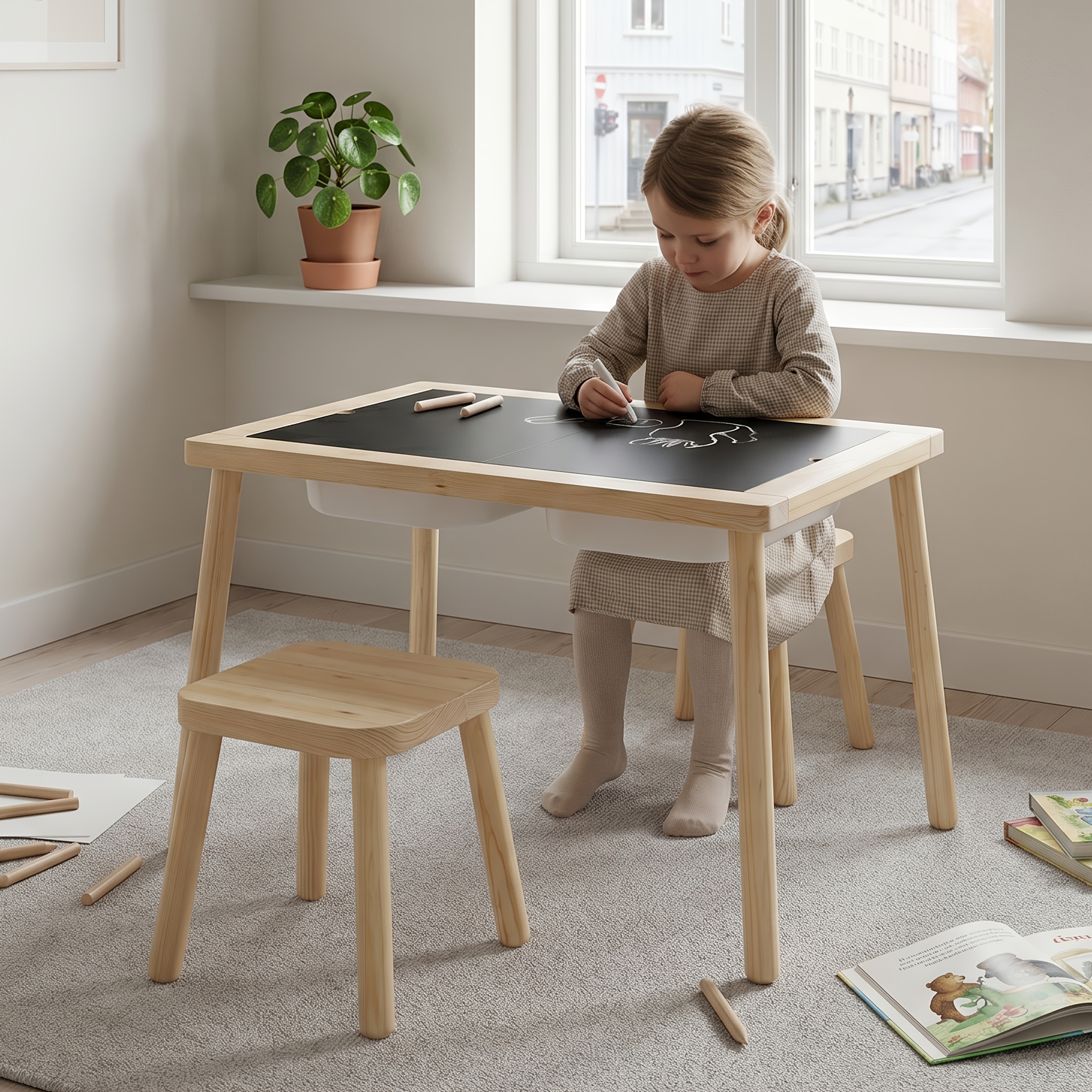 Kids Sensory Table with 3 Storage Bins, Solid Pine Wood Activity Table, Double-Sided Drawing & Play Surface, Sand And Water Play Table for Toddlers, Indoor Outdoor Learning & Craft Table
