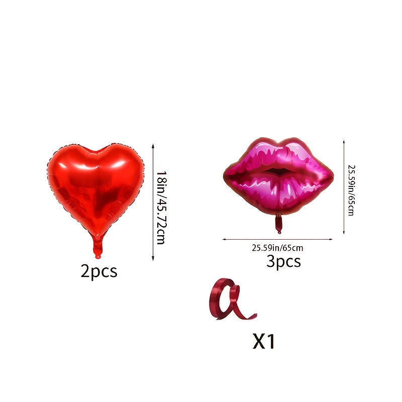Image of 6pcs Red Heart And Red Lips Aluminum Film Balloons | Ribbon Set For Proposal Party, Camping Theme Background Decor, Graduation Bridal Party, Wedding Birthday Party Decorations