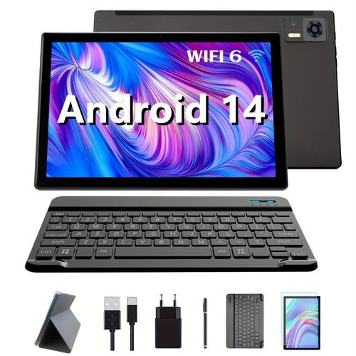android 14 tablet 2025 tablet 10 inch 64gb rom 1tb expand memory core a523 13mp 8mp 5g 2 4g wifi gps fm wireless projection face unlock screen recording 7000mah battery typc c 1920 1200 ips fhd display 2in 1 tablet keyboard case protective film set touch pen mothers day fathers day youngsterss day halloween christmas new year labor day birthday gift 2025 newest tablet gray stylus without electricity