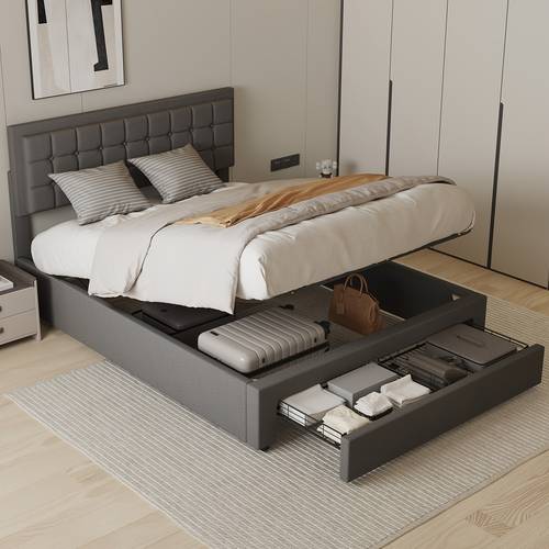double size with storage hydraulic lift upholstered bed frame functional beds with headboard storage no mattress grey