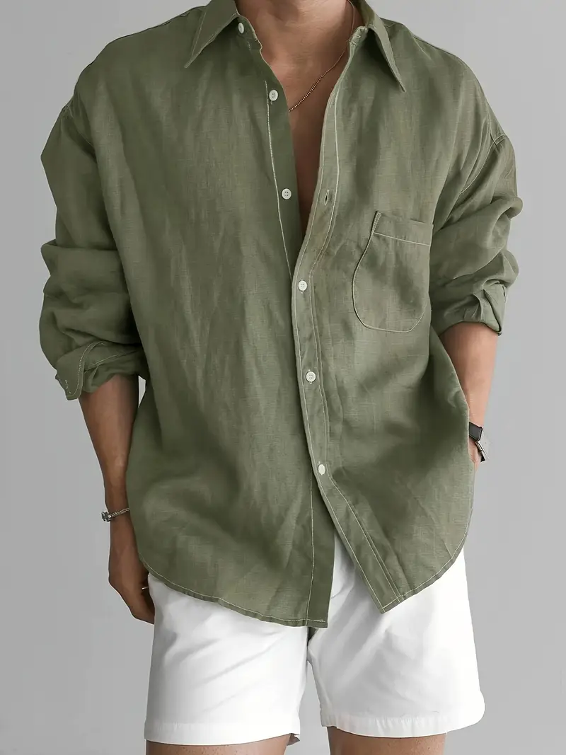 mens olive green white contrast dress shirt classic collar h size fit long sleeve button up button collar shirt for business casual outdoor casual attire machine washable formal blouse Product details 13