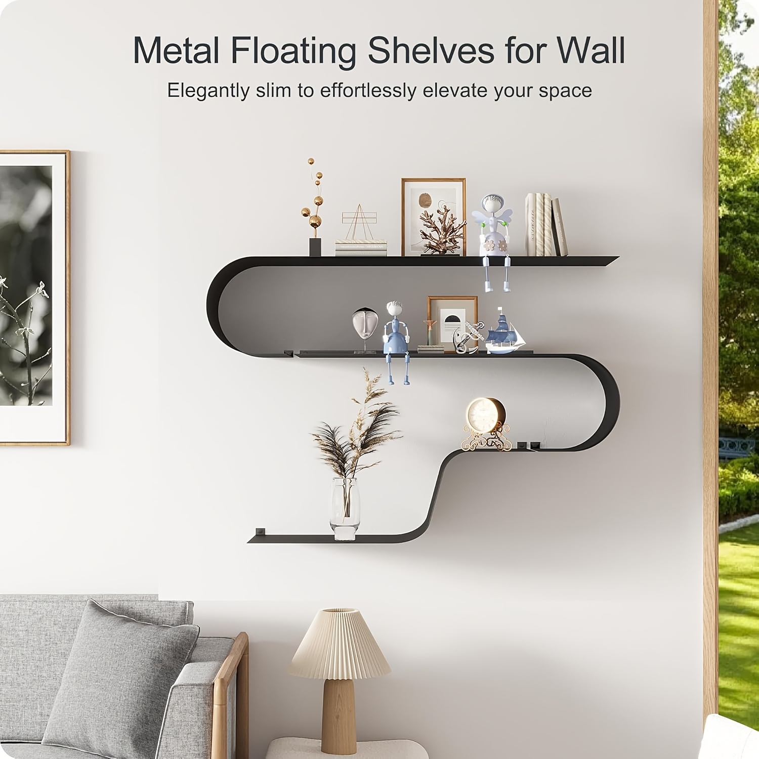 Sttoraboks Floating Shelves, Set of 3 Wall Mounted Metal Shelves with Unique Design for Wall Storage, Book Shelf, Display Shelves for Bathroom Bedroom Kitchen Living Room, Black