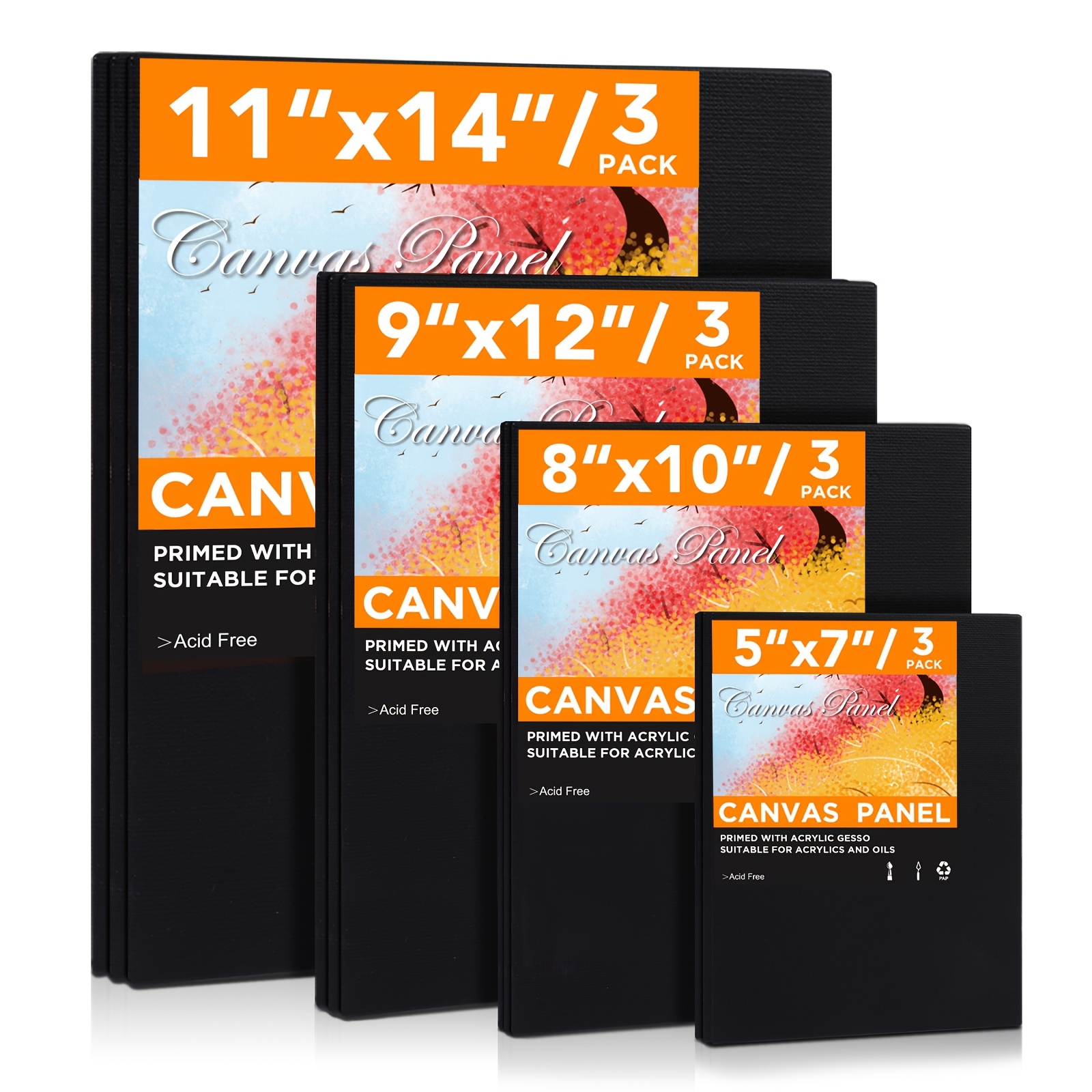 TEMU Canvas Panels Multi - Acid-free Surface For Oil Acrylic Watercolor Painting (11x14 9x12 8x10 5x7, 12-pack Boards)