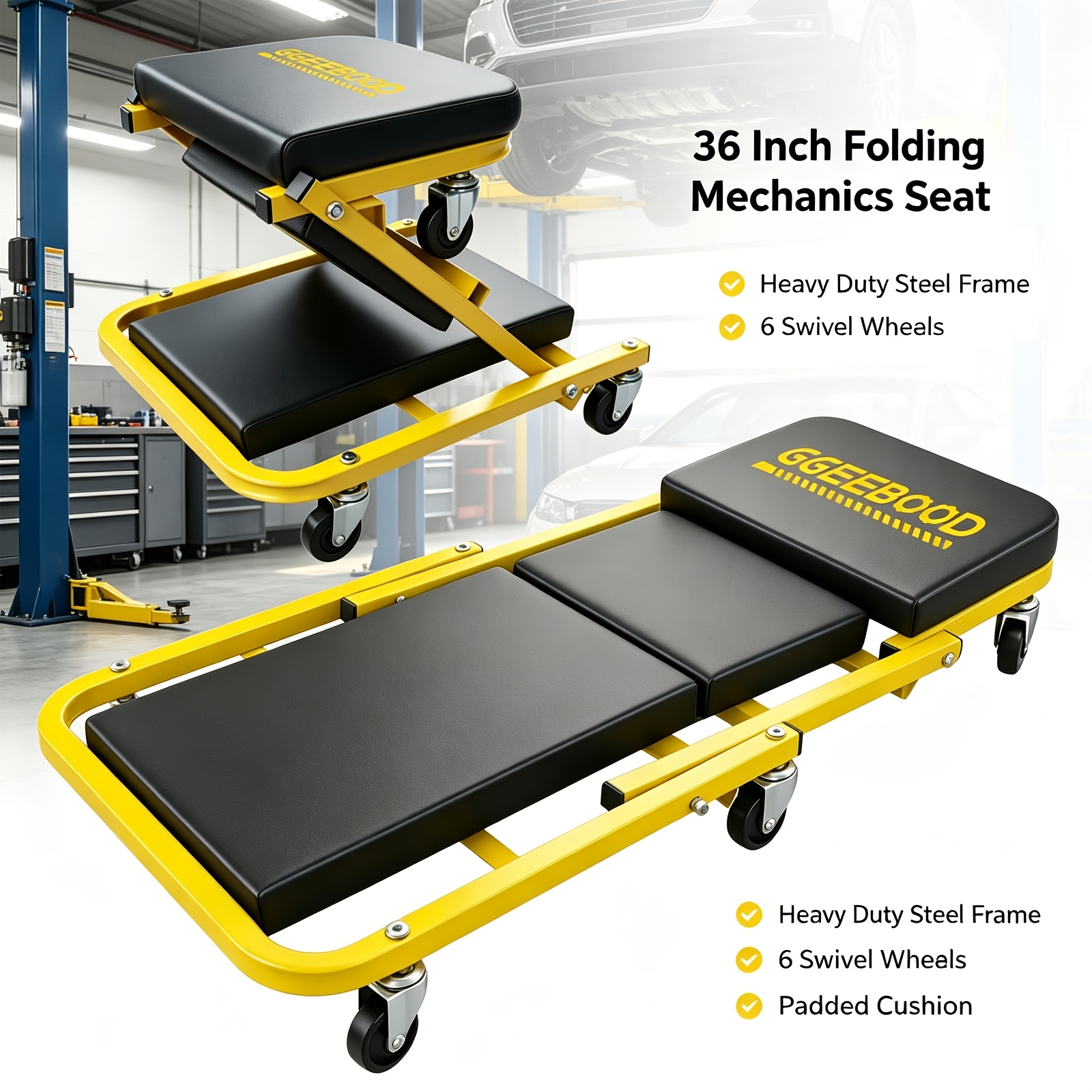 item picture 36 inch 2 in 1 foldable mechanic creeper rolling stool 150 kg capacity heavy duty yellow black car repair seat with swivel wheels leather padded garage workshop auto maintenance tool