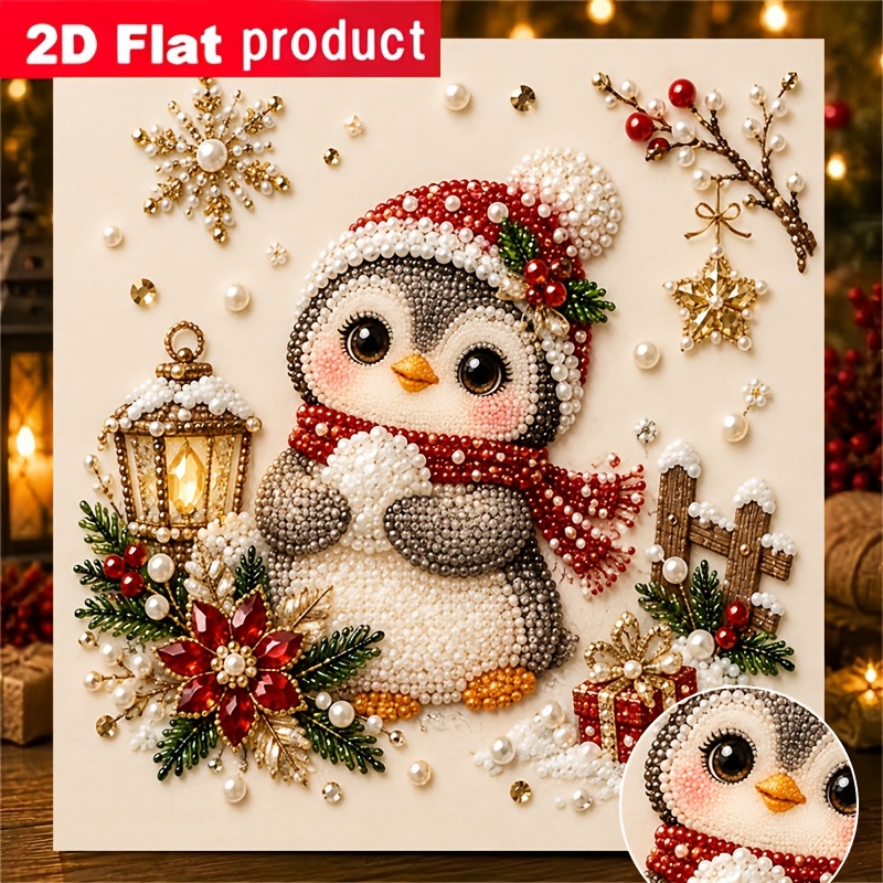 TEMU New Diy Diamond Painting Kit: Penguin Wearing A Santa Hat With Surrounding Holiday Decorations Diamond Painting. Suitable For Beginners, Home Or