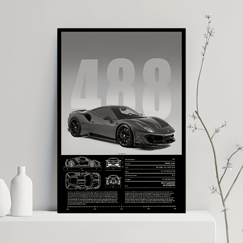TEMU 2d Flat, 1pc 1pcs Framed Classic Sports Car Poster - Modern Minimalist Suitable For Gifts, Decor, Wrap-around Canvas Frame With Iconic 488, Wall