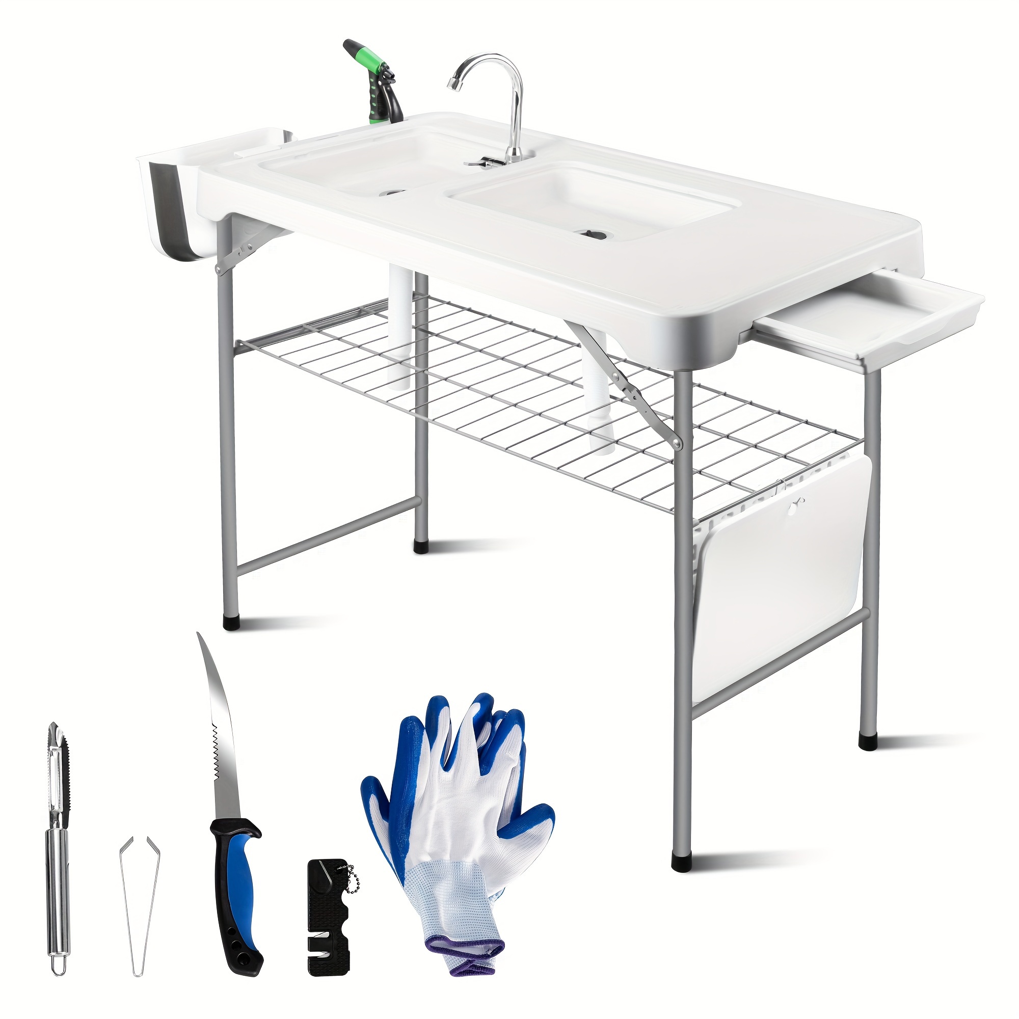 

42''folding Fish Cleaning Table With Double Sink, Portable Outdoor Fish With Grid Rack&6pc Fish Cleaning Kit, Washing Station For Picnic Or Kitchen