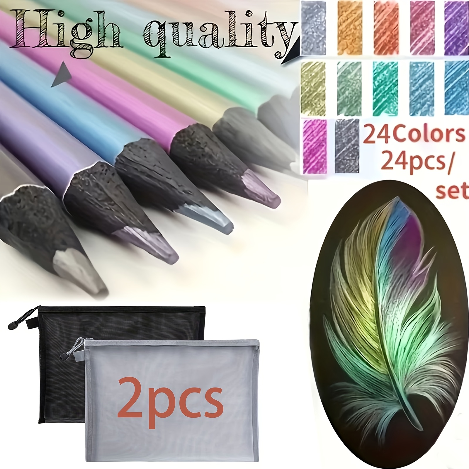 TEMU 24 Vibrant Metallic And Fluorescent Pencils - Dust-free, With 2 Pencil Cases, Wide Head Suitable For Art, Painting, And Diy Crafts