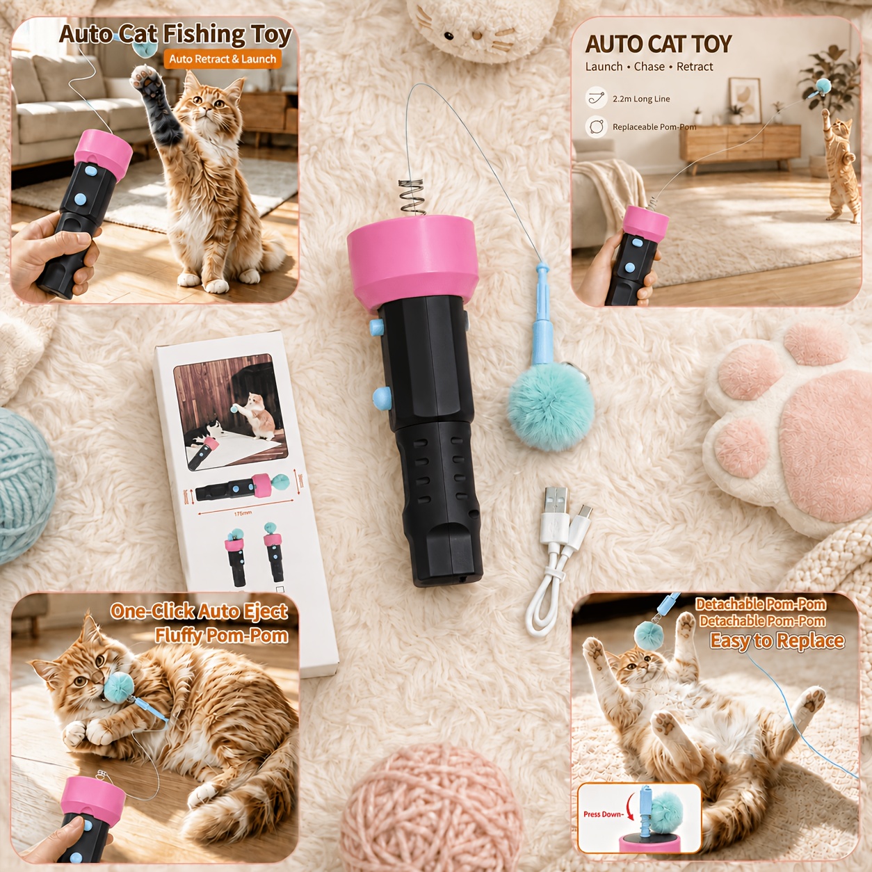 TEMU Handheld Button Ejection Cat Teaser Wand, 2.2 Meters Extended Rope Auto Retractable Interactive Cat Toy, Detachable Replaceable Bite Resistant