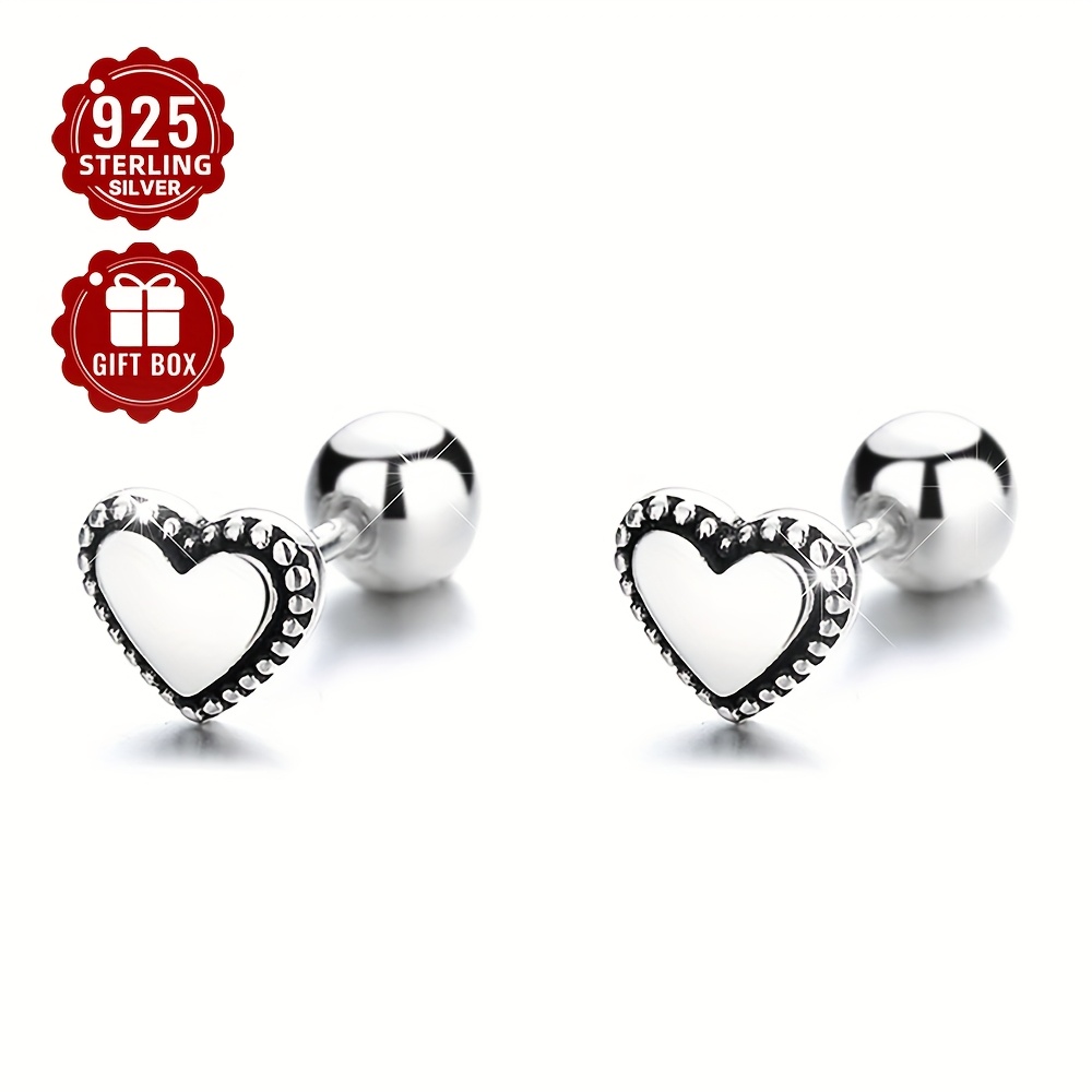 925 Silver Heart & Round Thread Ear Studs - Vintage Small Daisy Ear Bone Studs