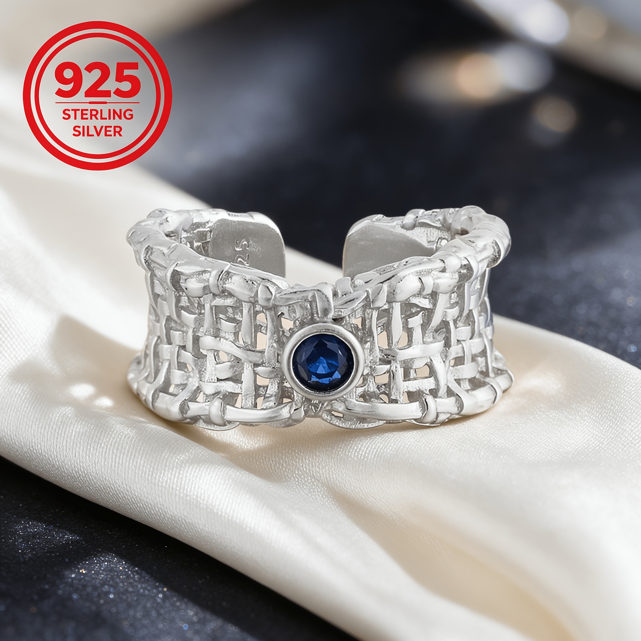 925 Silver Adjustable Woven Net Geometric Band Ring, Gift for Couples