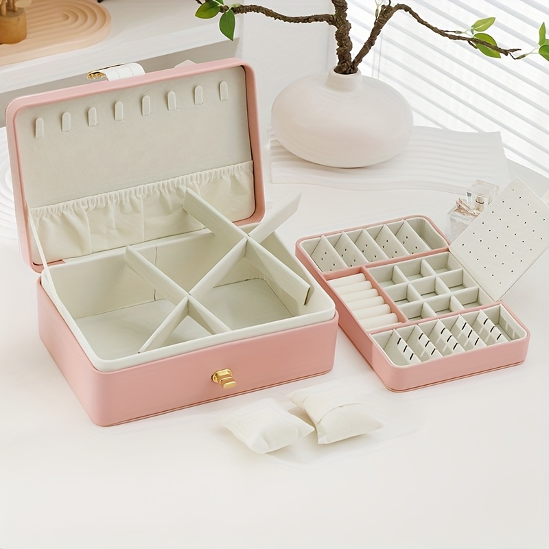 customizable text double layer pu leather jewelry box large capacity earring ring organizer with decorative golden floral emblem elegant white   storage case for valentines day gifts Product details 3