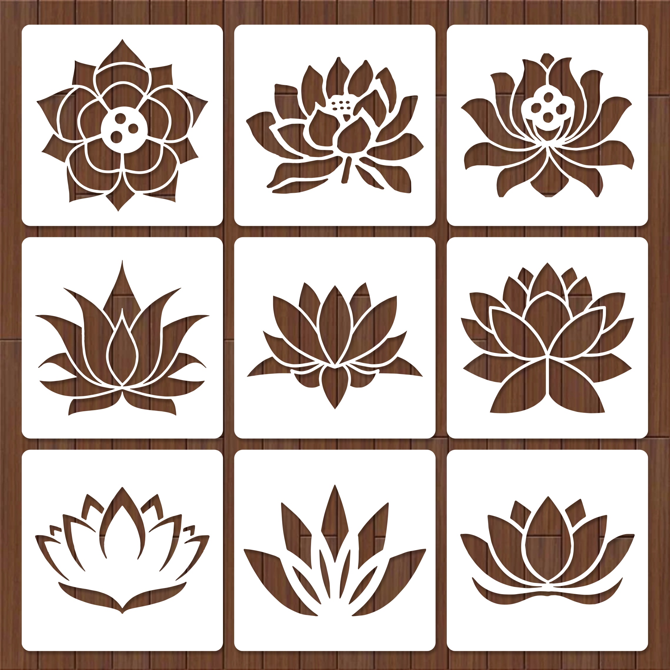 

9pcs 5" For Lotus Stencils For Painting - Reusable Plastic Templates With Floral Designs For Tattoos, , Wall Decor &