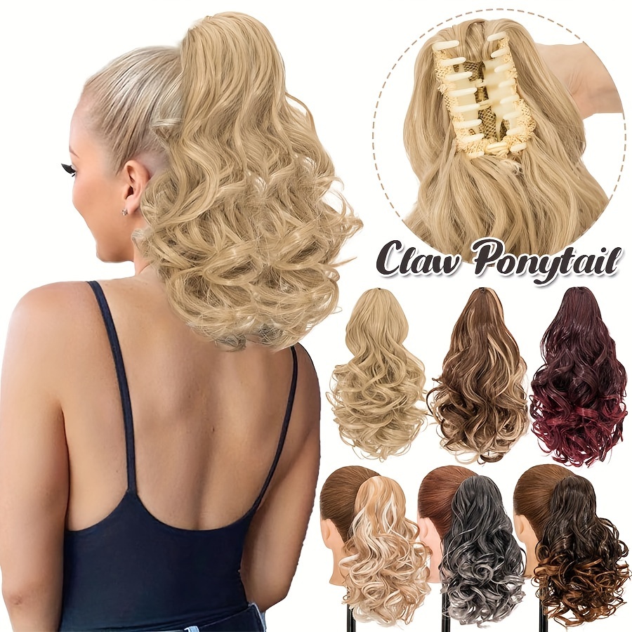 14inch 35cm claw ponytail extension short curly clip in hair extensions jaw pony tail thick wavy synthetic soft hairpiece   blonde for women natural looking highlights   daily halloween party use details 0