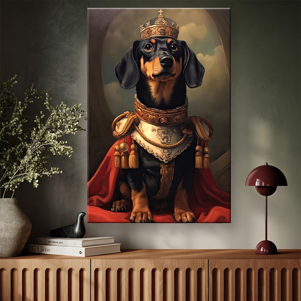 1pc funny dachshund king canvas painting   dog art with   wooden framed poster for living room bedroom office decor ready to hang   gift mothers day housewarming   decoration   detailed artwork animal portrait 0
