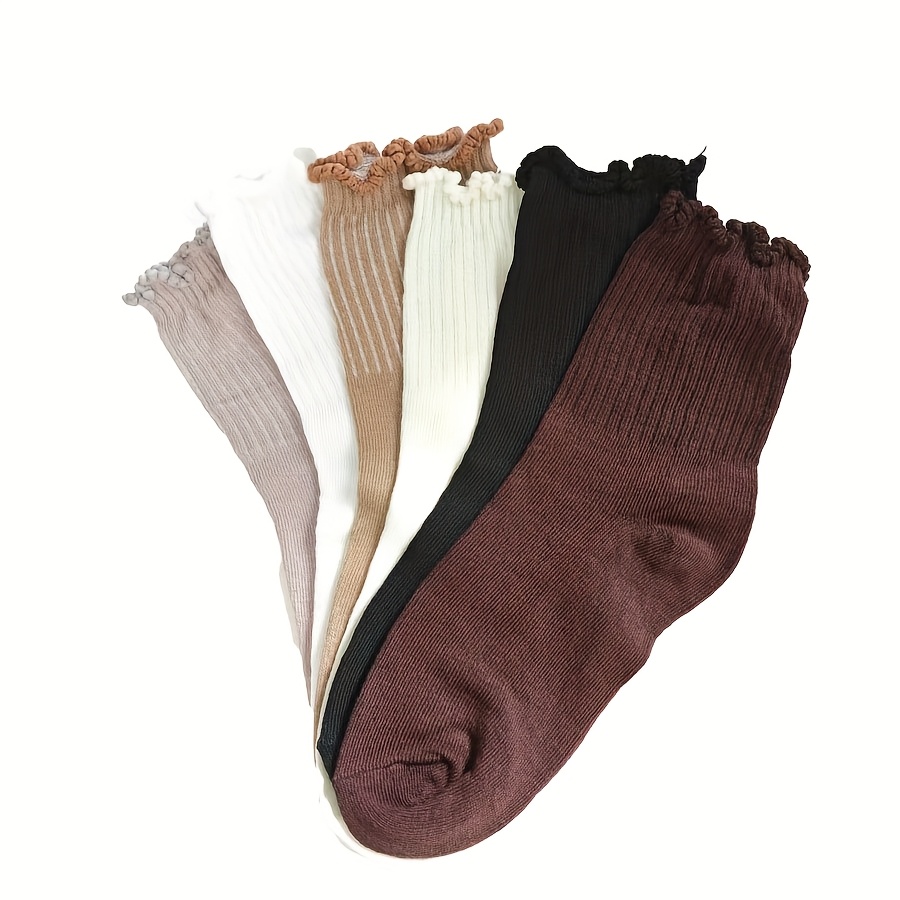 6 Pairs/6 Pairs Random Women's Decorative Lace Solid Color Socks, Sweet Comfortable Solid Mid-calf Socks, Women's Athletic Socks And Socks, Lace Matching With Loafers And Moccasins, Postpartum Socks