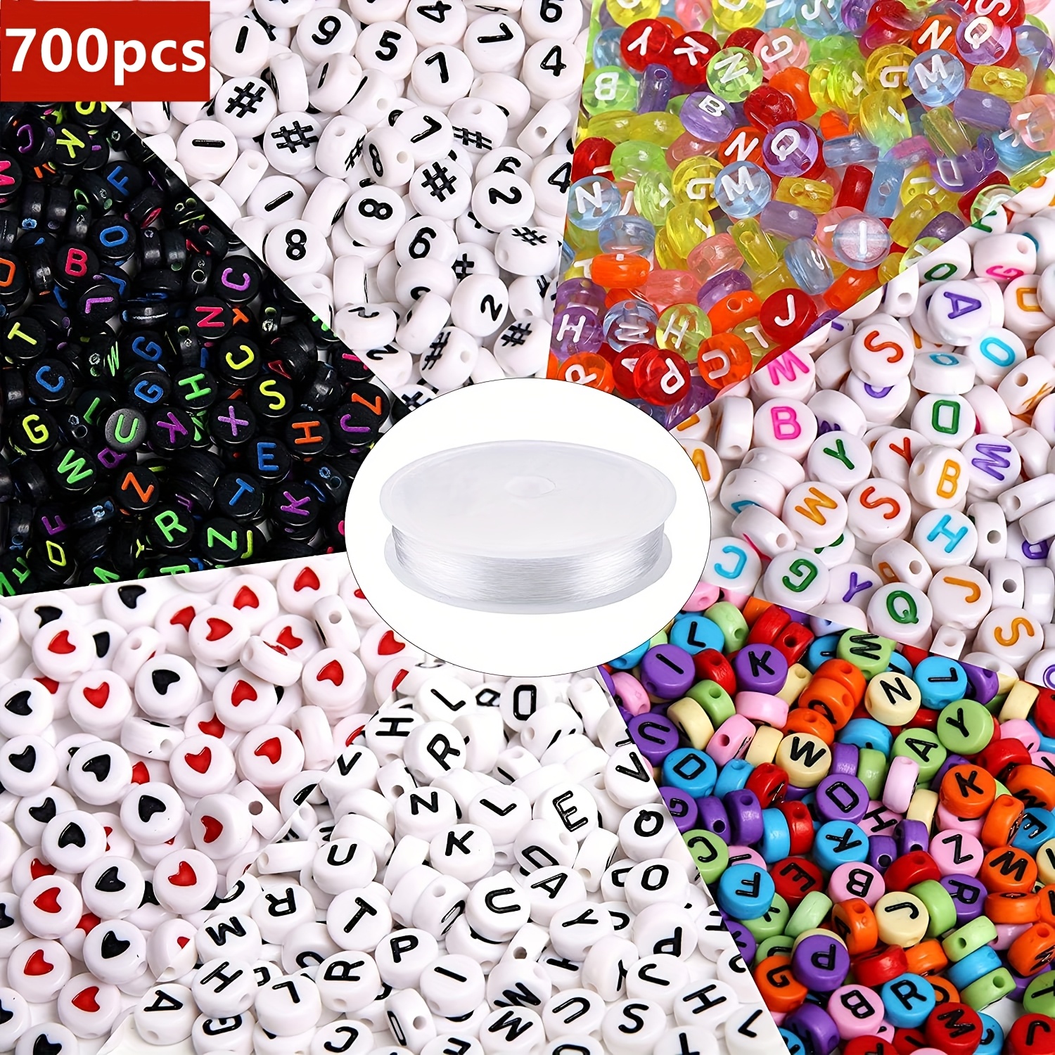 E-shop 700 Stück 7 Farben Runde Buchstaben Perlen Acryl Alphabet Zahlen Perlen mit 1 Rolle Elastische Kristall Schnur für Schmuckherstellung Halskette
