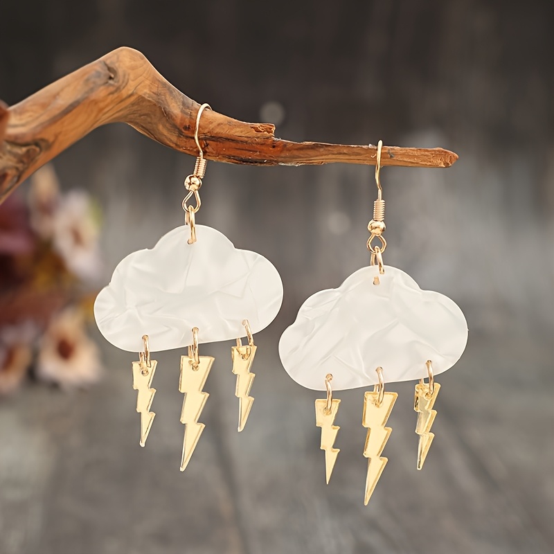 2d Flat - A Pair Of Retro-style Acrylic Earrings Featuring 2d Flat Clouds And Lightning Weather Design