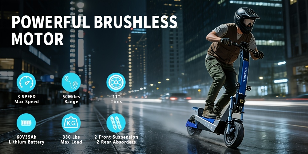 electric scooter brushless motor 35ah 11 inch tires   range of about 50 miles long   scooter 330lbs weight capacity suitable for urban commuting outdoor camping and     birthday gift Product details 1