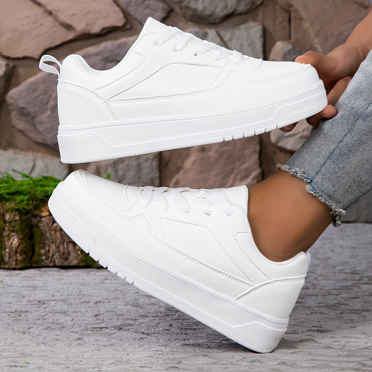 

Women's Casual White Sneakers - Lightweight, Lace-up With Insole, Breathable Pu Cover For All