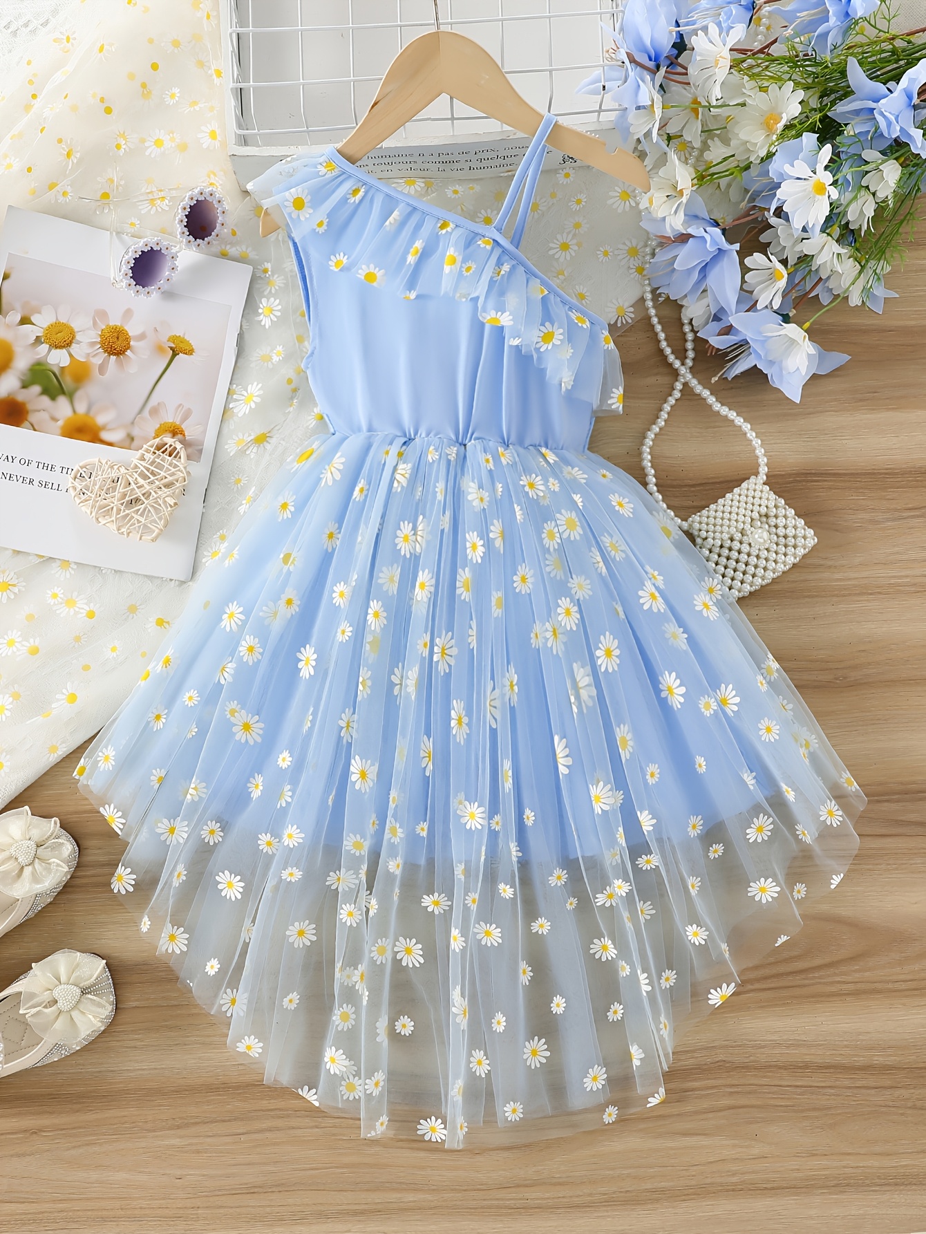 elegant yellow floral daisy shoulder dress short front long - Temu Chile