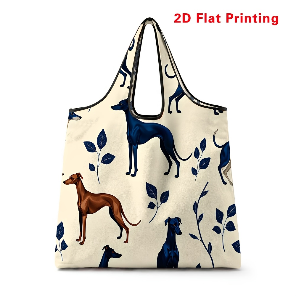 TEMU Foldable Large Reusable Shopping Bag Suitable For Daily Use, Travel, Beach & Gym - Greyhound Dog & Foliage Print Tote, Durable Washable Carrier