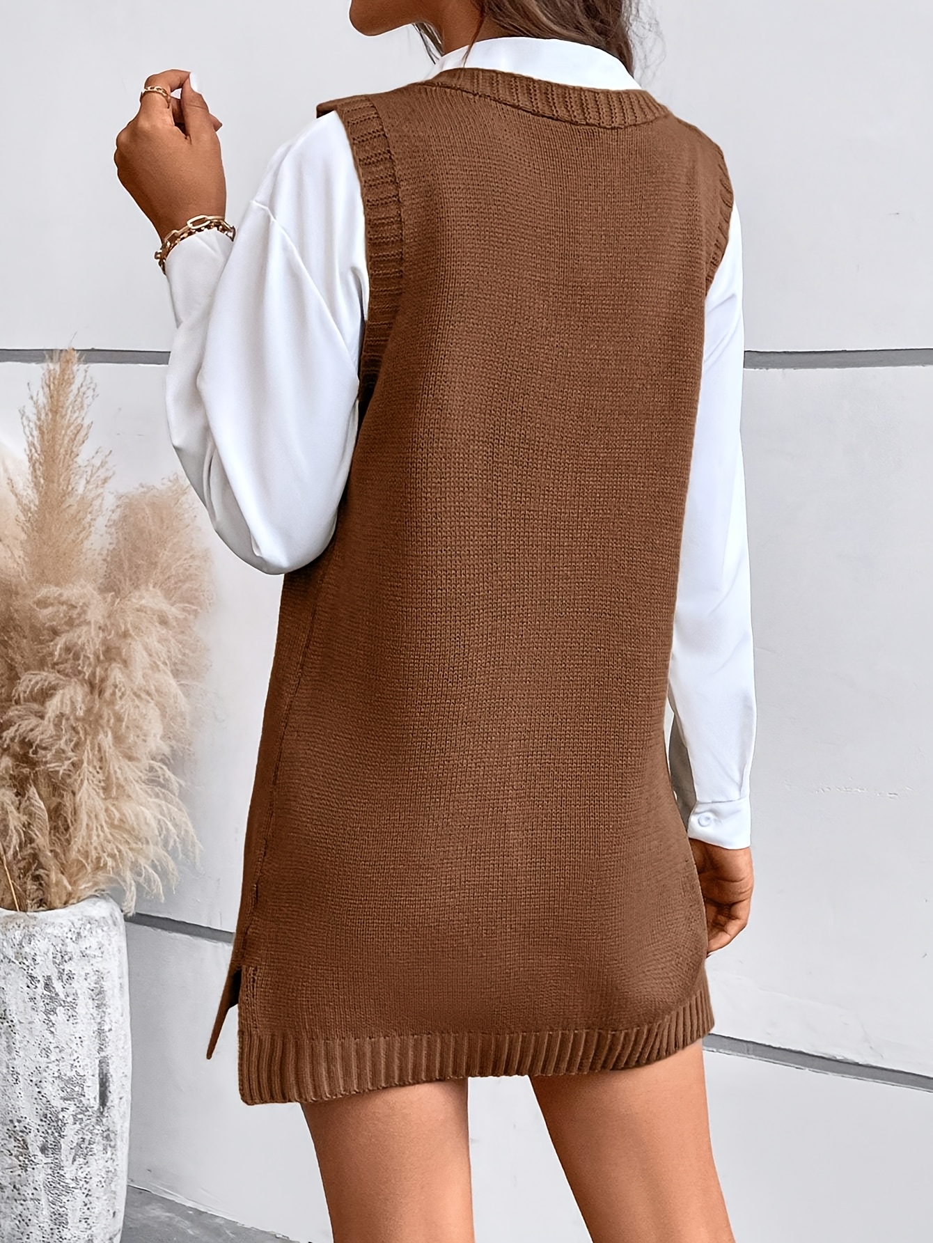 brown sweater vest dress Women's Without Hesitation Brown Knit Button Front Sweater Vest Shirt | Size: M