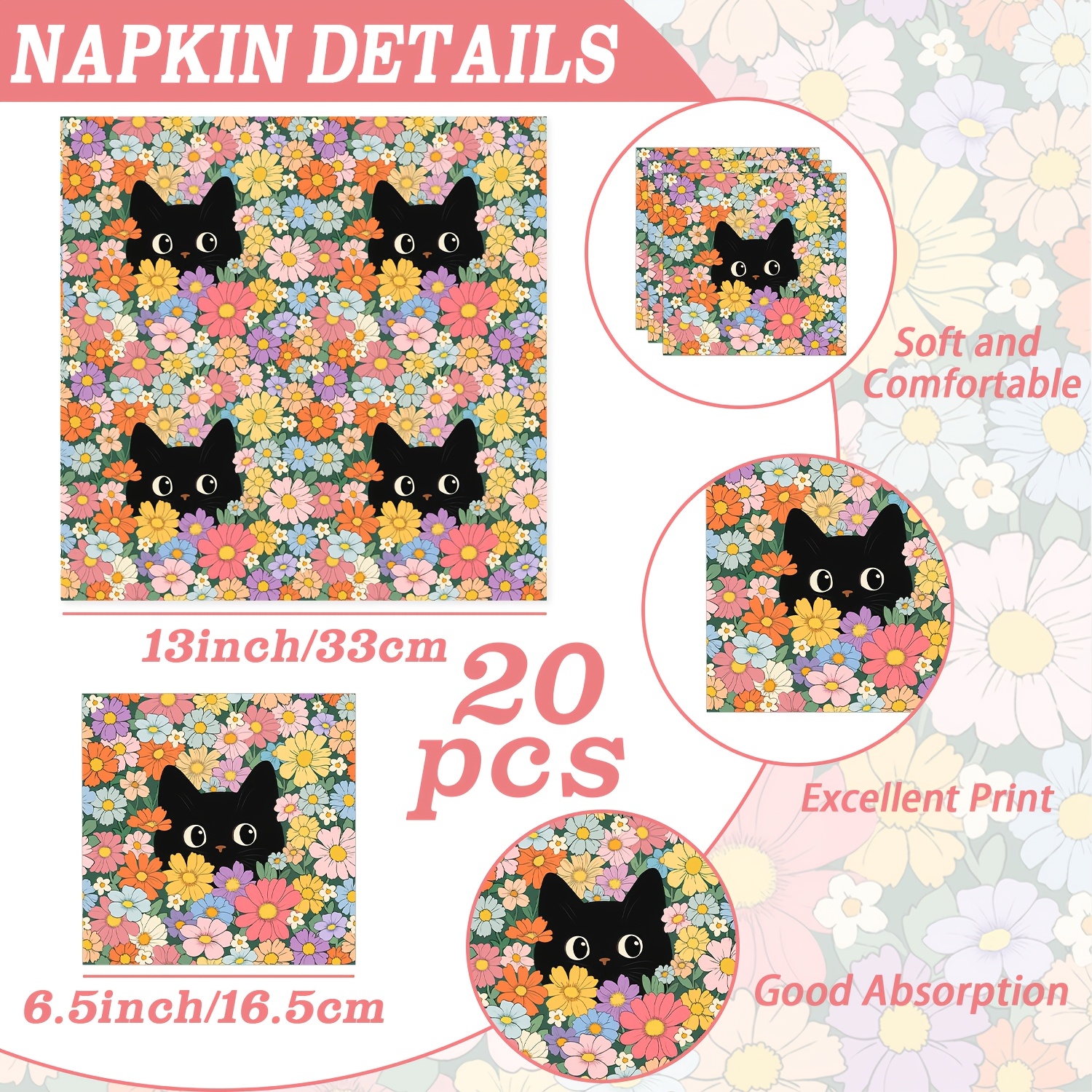 TEMU 20pcs Pack Cat-themed Party Napkins Suitable For Gatherings, , Birthday Parties - Kitten & Paw Table Decorations, Colorful Paper Dinner Napkins