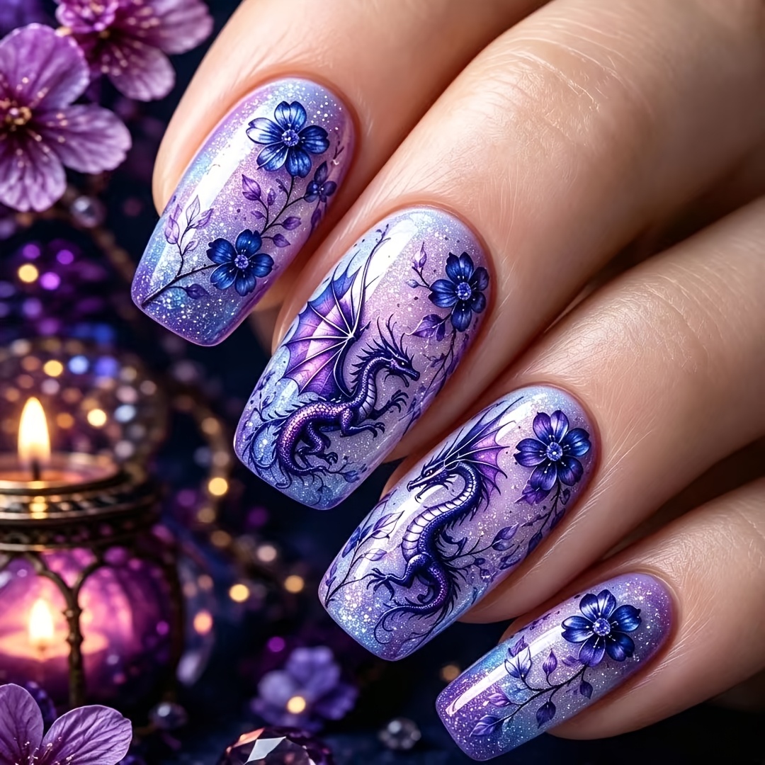 TEMU 24pcs Violet Starry Sky Gradient Nails, Vintage Dragon And Blue Rose Floral Pattern, Party-wear Press-on Nails, Detachable False Nails For A