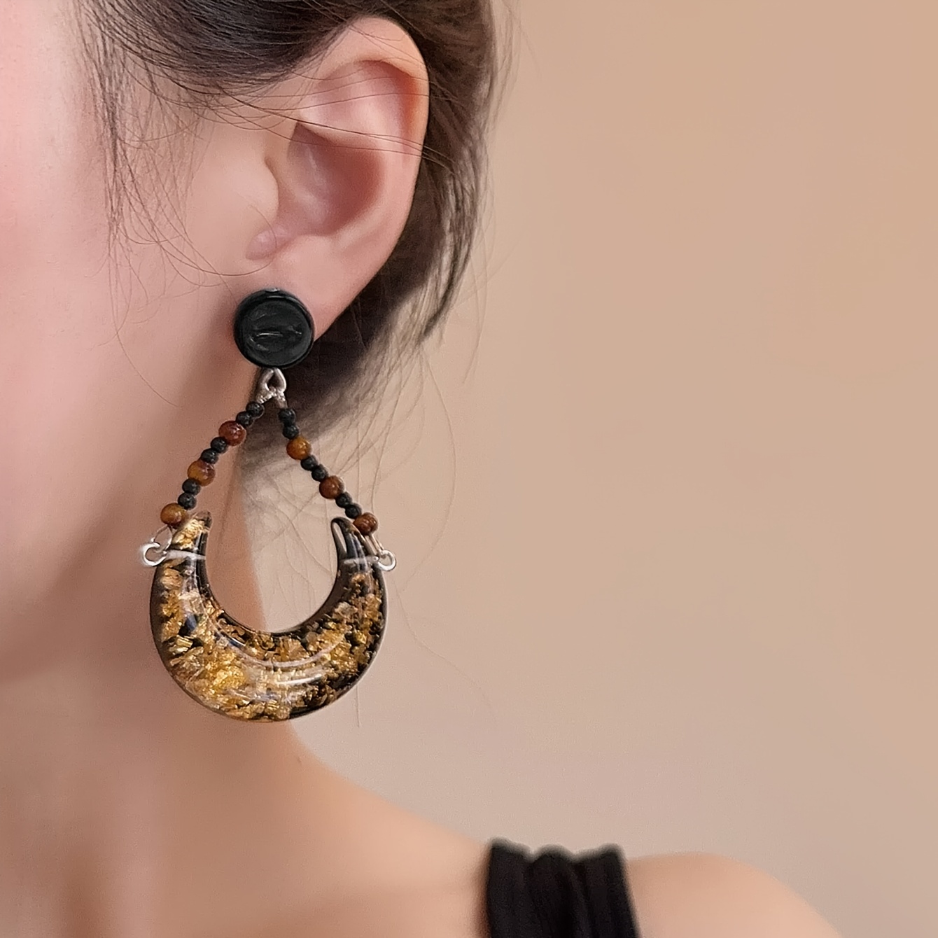 Women's Vintage Black & Golden Moon Beaded Dangle Earrings