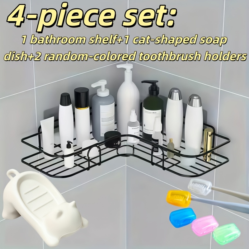 TEMU Lot de 4 supports d'angle de douche en acier inoxydable antirouille (étagère de rangement de salle de bain + boîte à savon chaton + boîte de