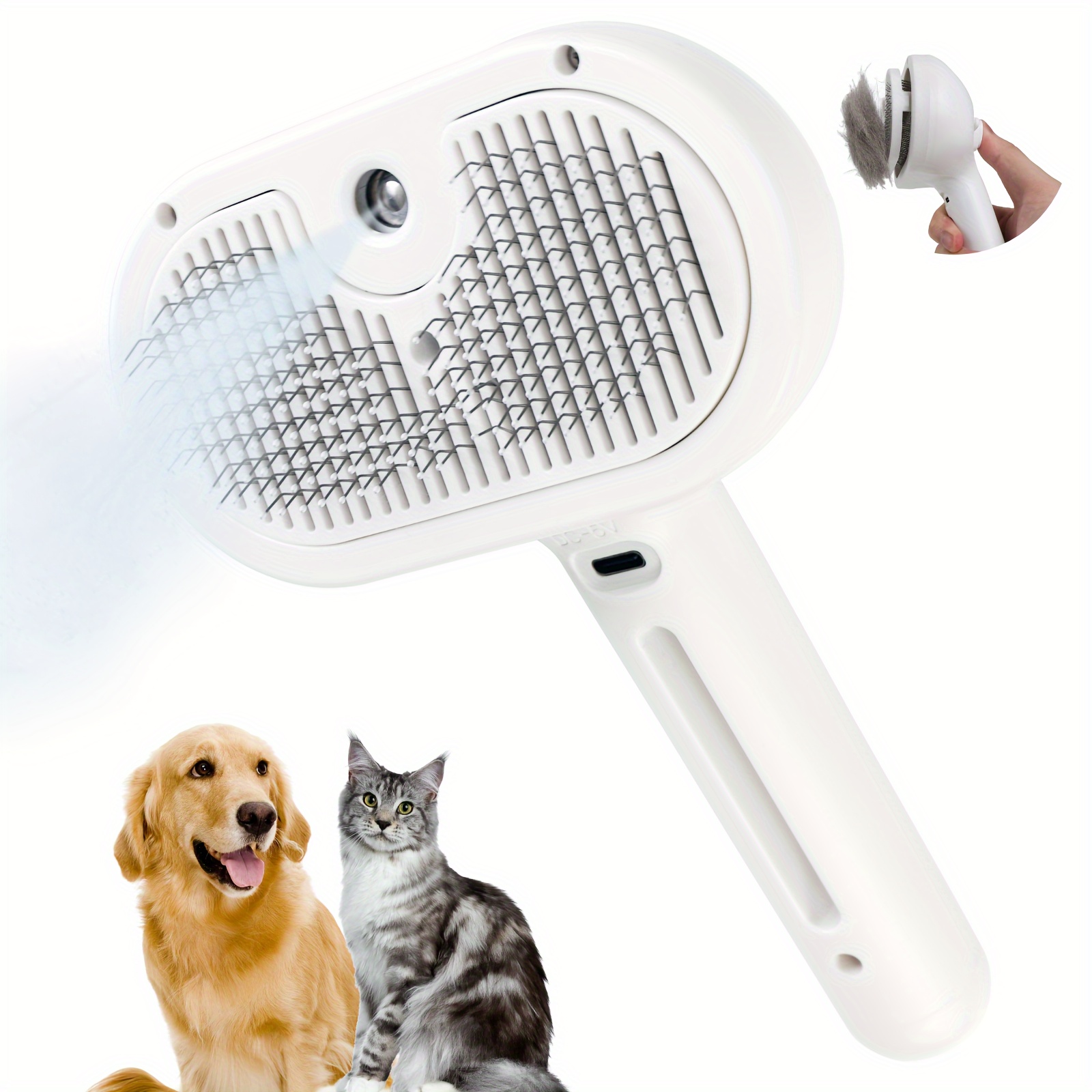 TEMU Usb Rechargeable Pet Grooming Brush - 3-in-1 Steamy Massage Tool With Anti-static Stainless Steel For Effective Hair Removal, Short & Long Hair, Spray, Removal