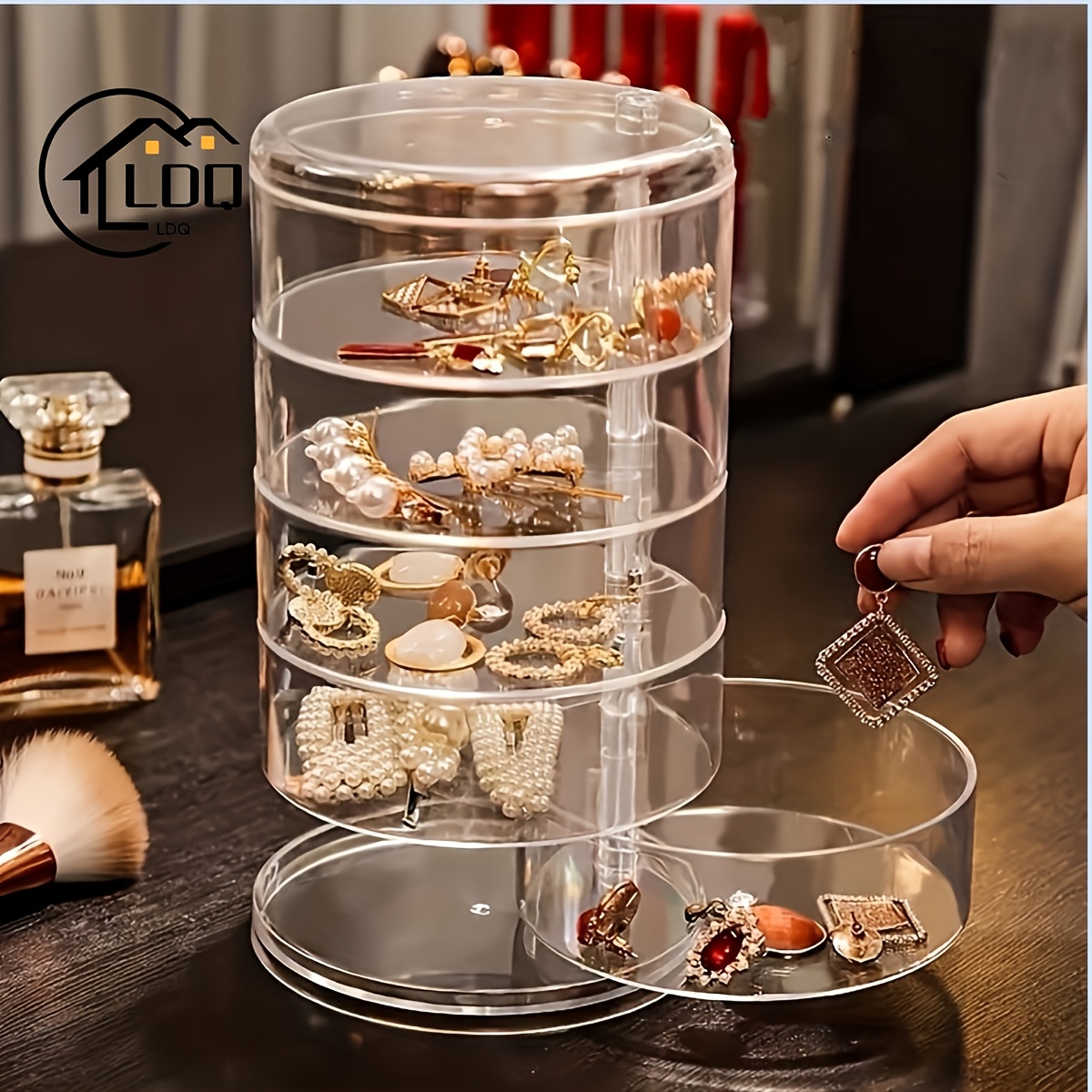 

Elegant Rotatable Jewelry & Makeup Organizer - Round Plastic Storage Box With Display Shelf For Home, Bedroom, Bathroom Decor - Perfect Valentine's Day Or Thanksgiving Gift, Jewelry Boxes