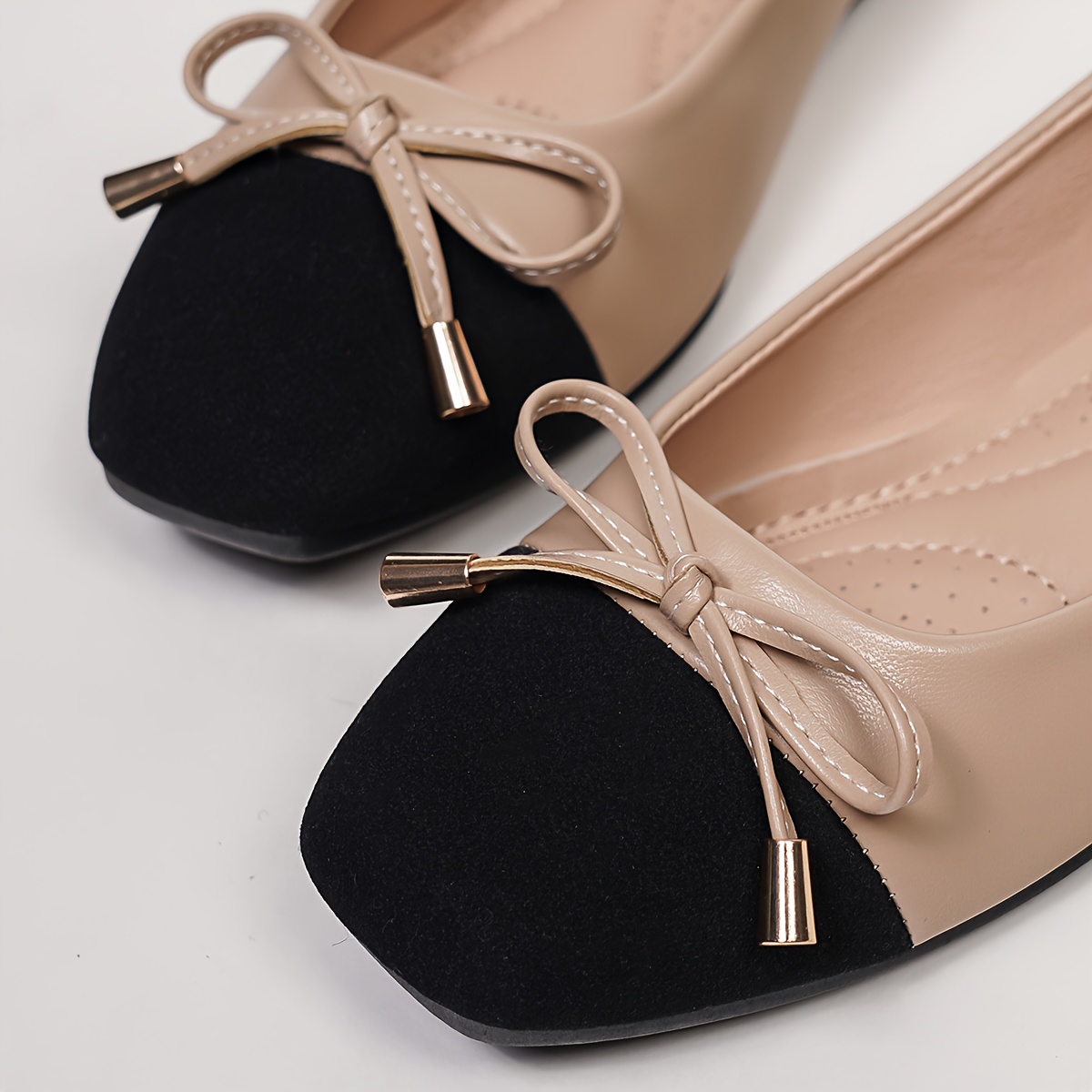 Women'S Slip-On Ballet Flats - Square Toe Soft Sole Casual Shoes with Bow Detail, Synthetic Cover Upper & TPR Sole, All-Season Comfort, Extended Sizes 41-42, Black & Beige, Easy Slip-On Design for Casual Attire, Ballet Shoes, Comfortable Footwear, Elegant Shoe Style, Durable Tpr Sole, Everyday Footwear, Stylish Footwear, Lightweight Construction, Comfortable Flats, Fashion Lovers