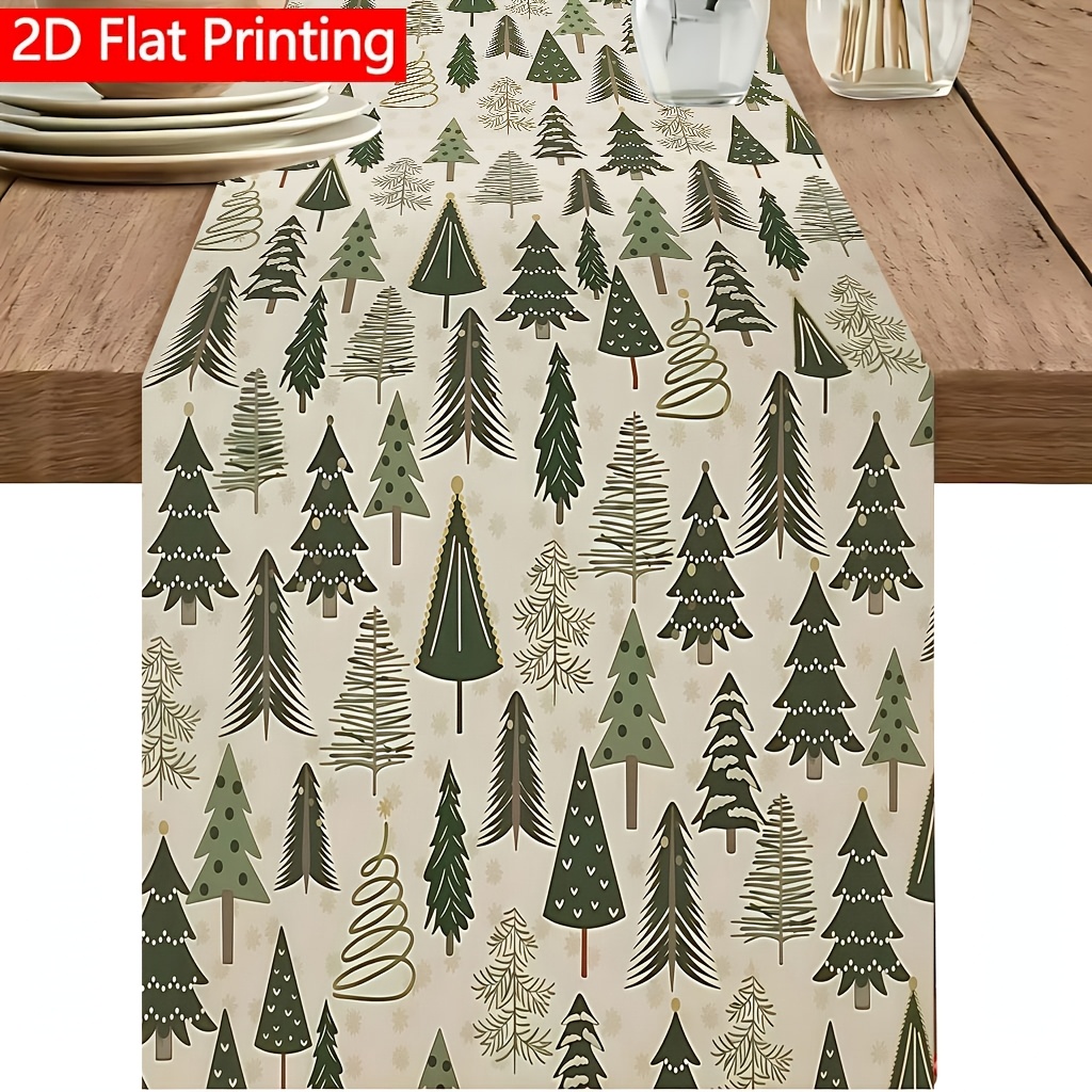 TEMU 1pc 2d Flat Easy Sketch Style Pine Tree Pattern Printed Table Runner, Light And Dark Green Cartoon Christmas Tree Rectangular Table Runner,