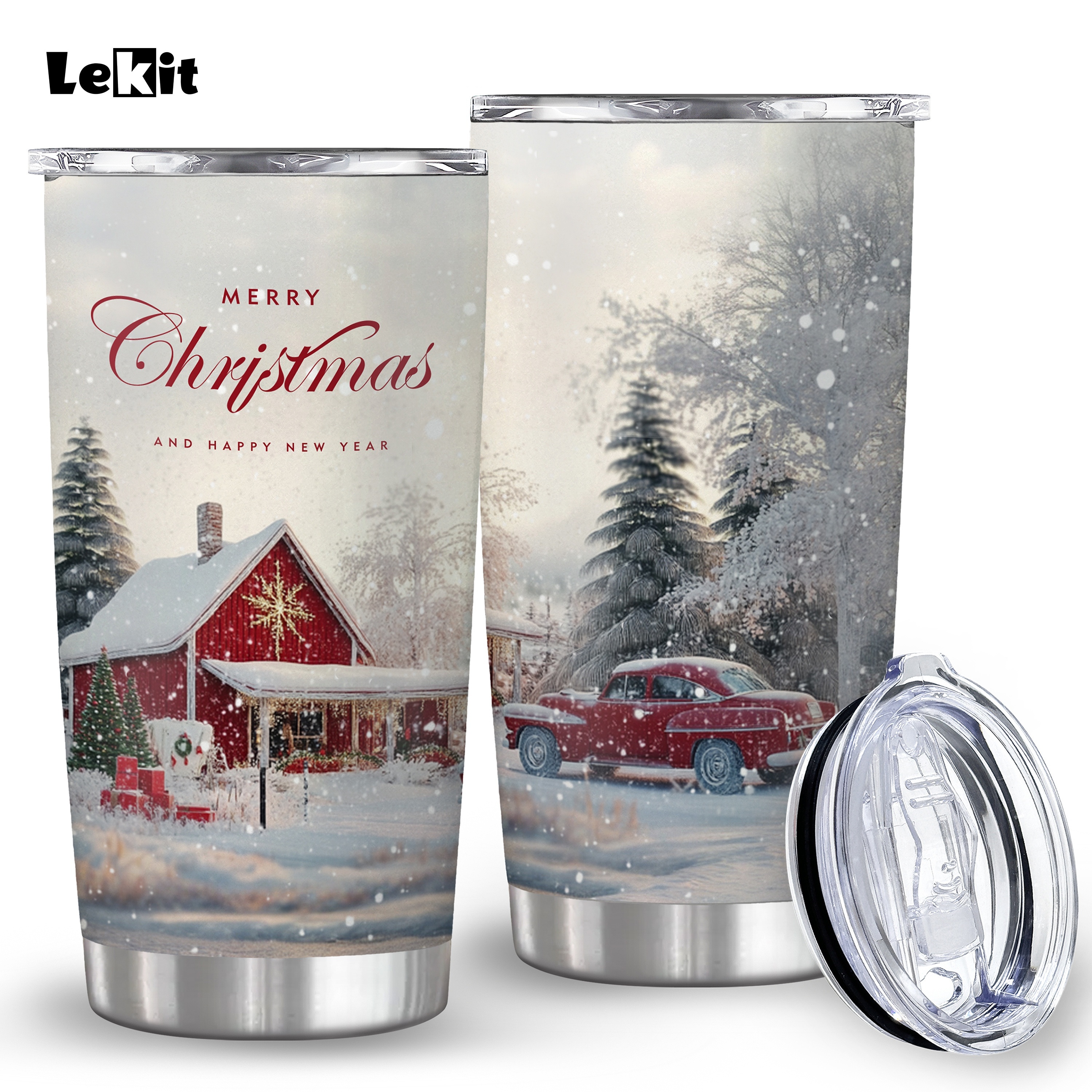 Image of A Lekit Christmas Printed Travel Mug - Double-layer Stainless Steel Insulated Cup With Fun Prints And Lid - Perfect For Gifting To Family, , Colleagues, , , Or For Christmas Presents And Parties