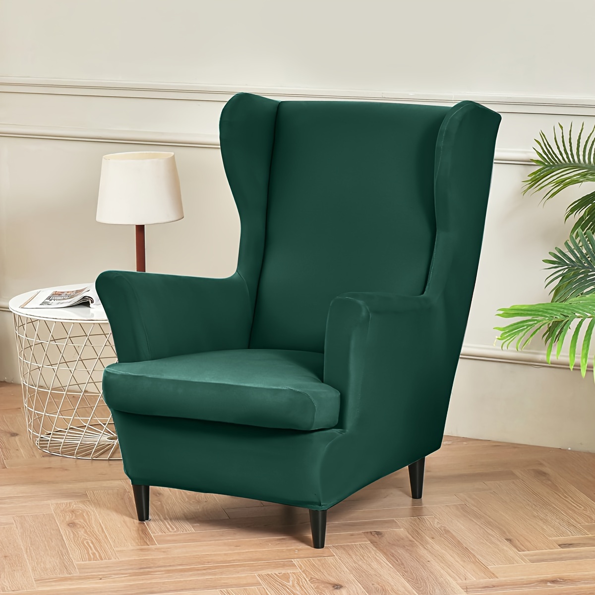 Image of A Set Of Fiber Fabric Solid Color Elastic Wingback Chair Covers, Suitable For Modern Minimalist Home, Bedroom, And Dining Room, Pet-friendly