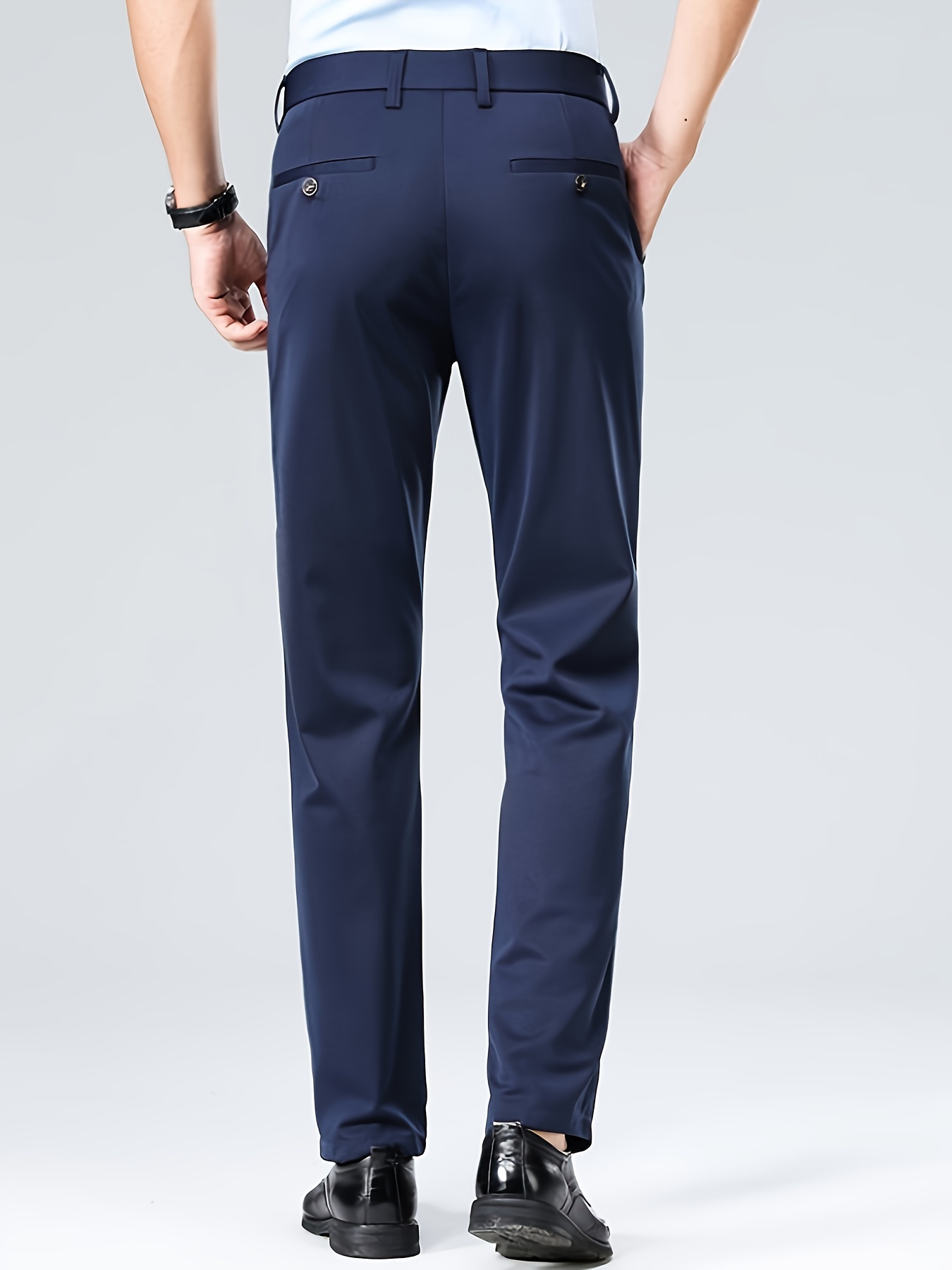 Men'S Relaxed Fit, Navy Blue Dress Pants - Stretchy Spandex Blend, Button-Fly, Mid-Rise, All-Season Workwear, Office Attire|Relaxed Fit Pants|Stylish Waistband