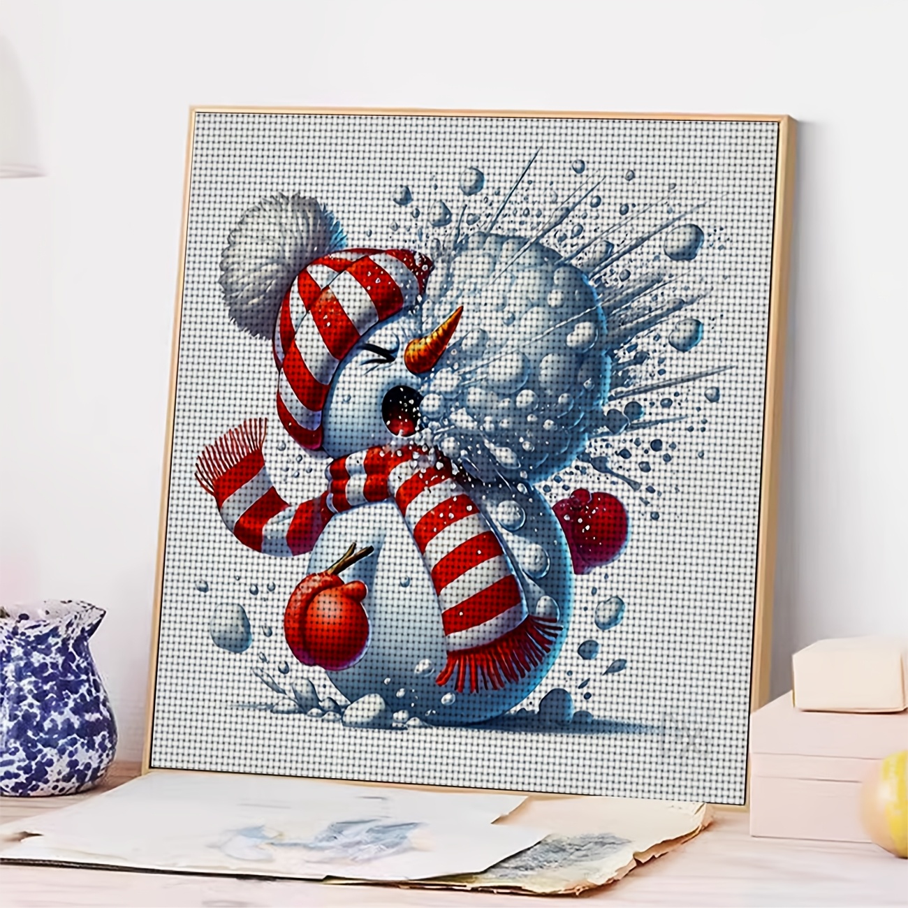 Cross Stitch Printed Kit, Frameless Snowman Design for Beginners