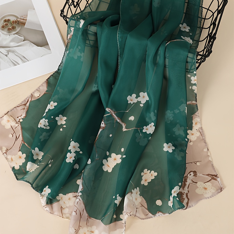 TEMU 1pc Women's Elegant Floral Print Chiffon Drape Texture Scarf, Dark Green Pink Dual-tone , Exquisite Apparel Accessory, Fashionable And Versatile