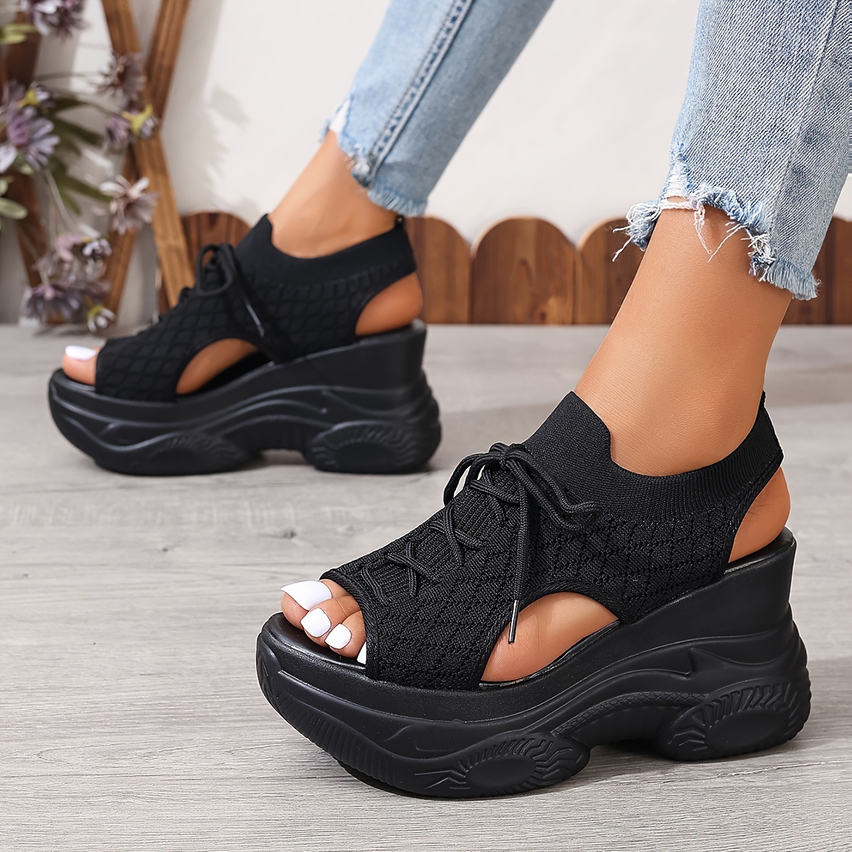 Women's Stylish Summer Platform Sandals - Black & White High Heel, Peep Toe, Cut-Out Design, Casual Beach Vacation Shoes, Breathable Fabric Upper, PU Cover Sole, Hand Wash or Dry Clean, Ladies Sandals