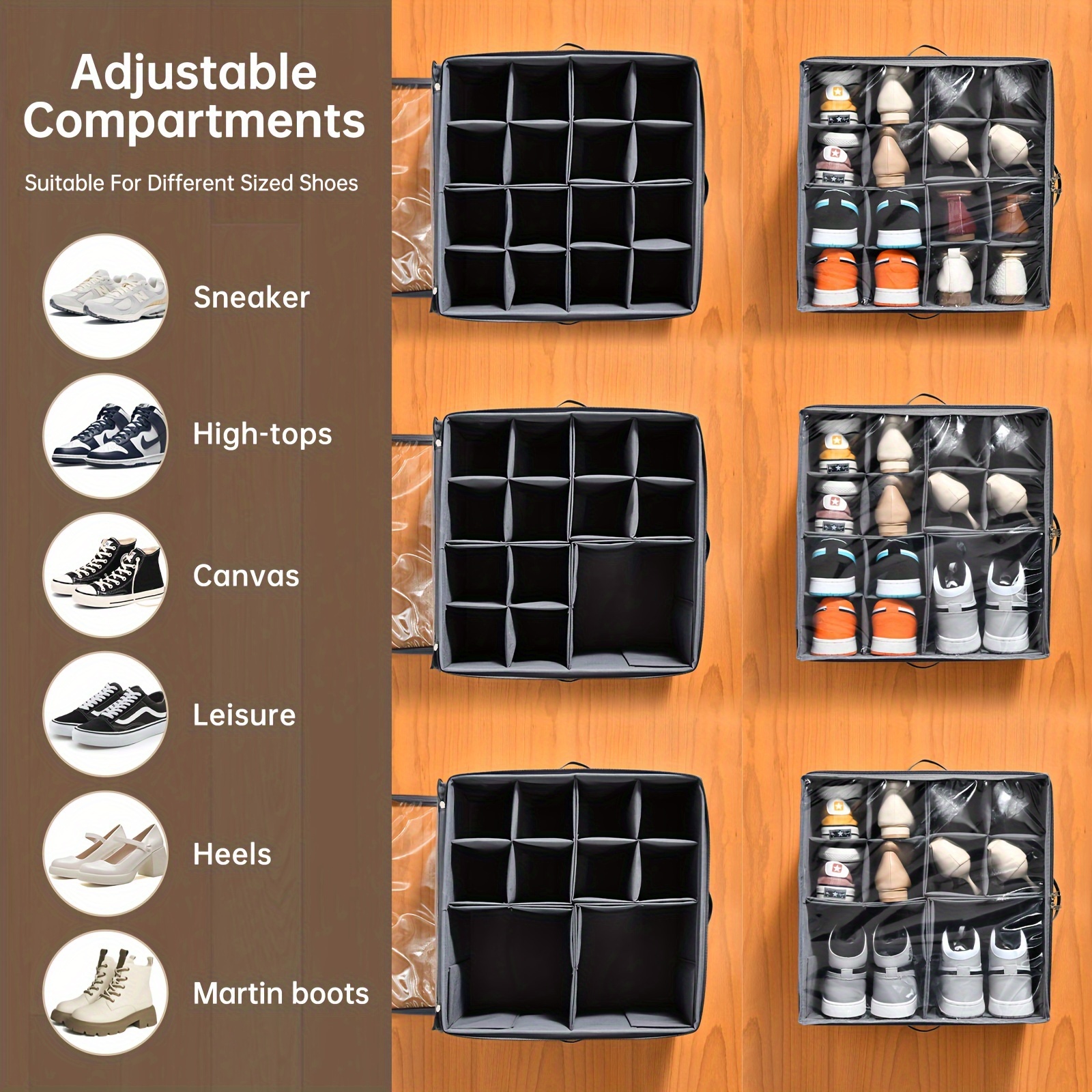 2 pack shoe organizer for closet fits up to 32 pairs adjustable dividers for shoe storage fabric shoe storage bins with clear cover grey details 5